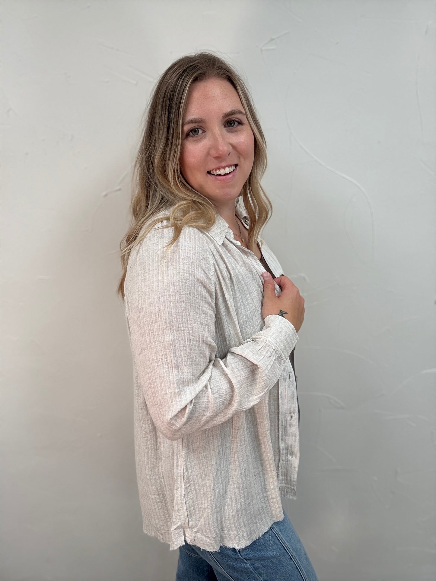 Raglan Button Down Striped Top