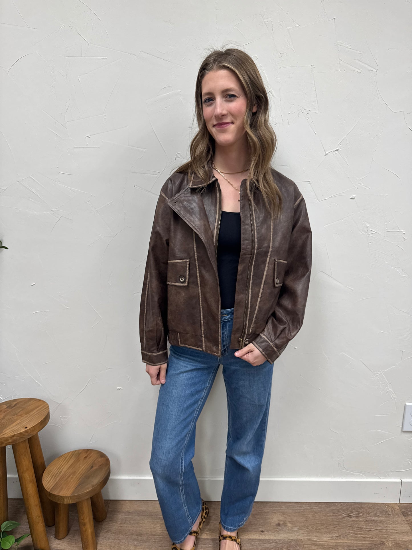 Collared Zip Up Washed Faux Leather Jacket