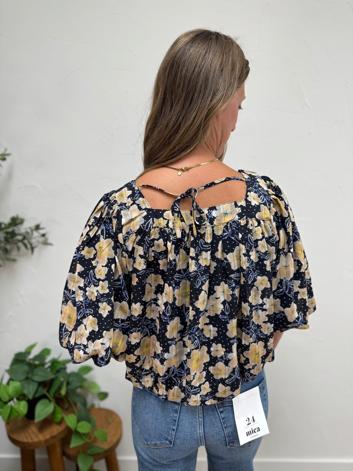 Flower Print Balloon Hem Square Neck Blouse