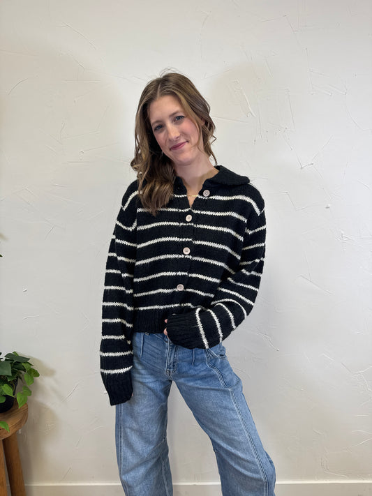 Collared Button Up Striped Cardigan