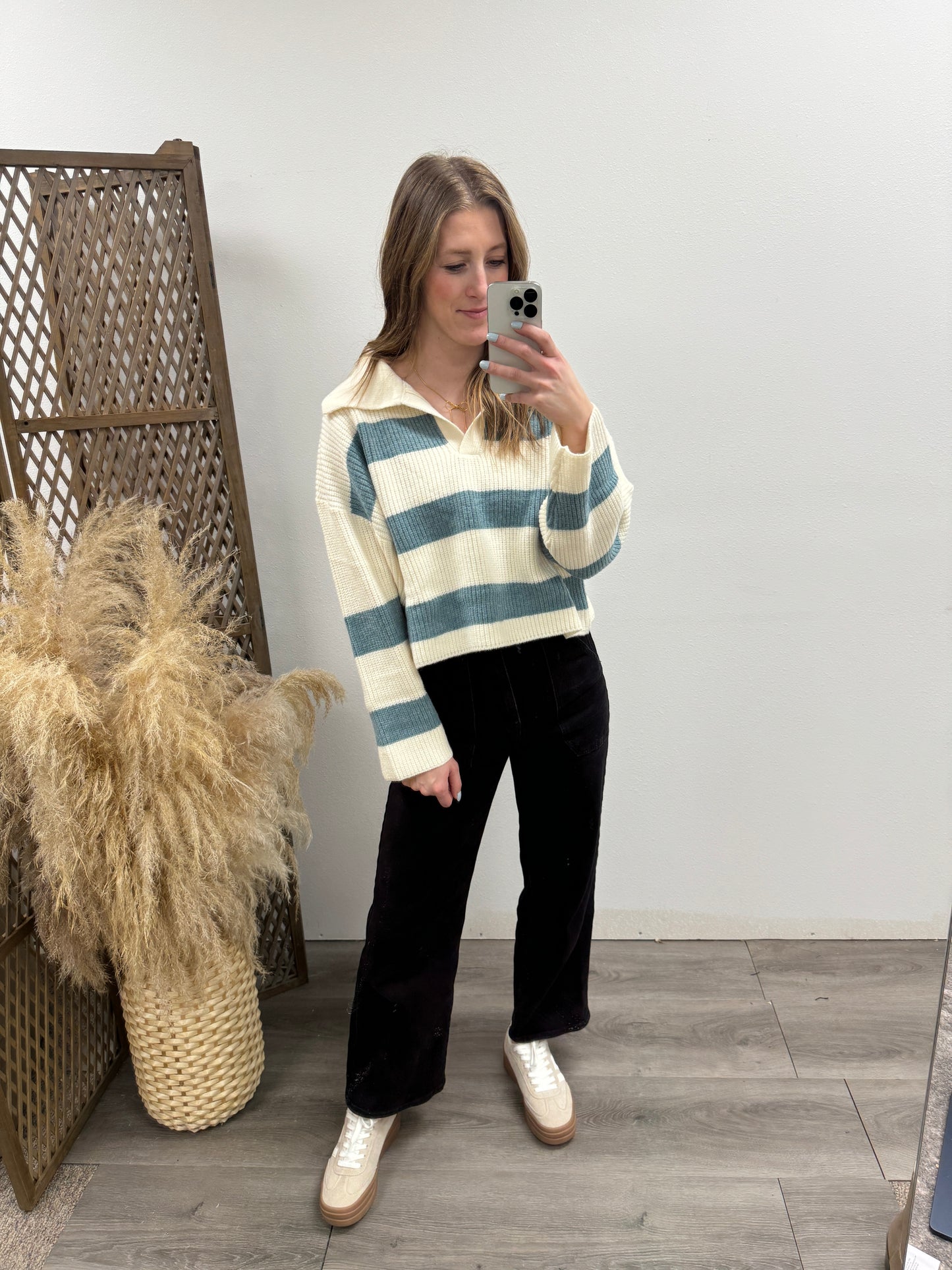 STRIPE DROP SHOULDER WITH WIDE COLLAR SWEATER - Three:Twelve Boutique