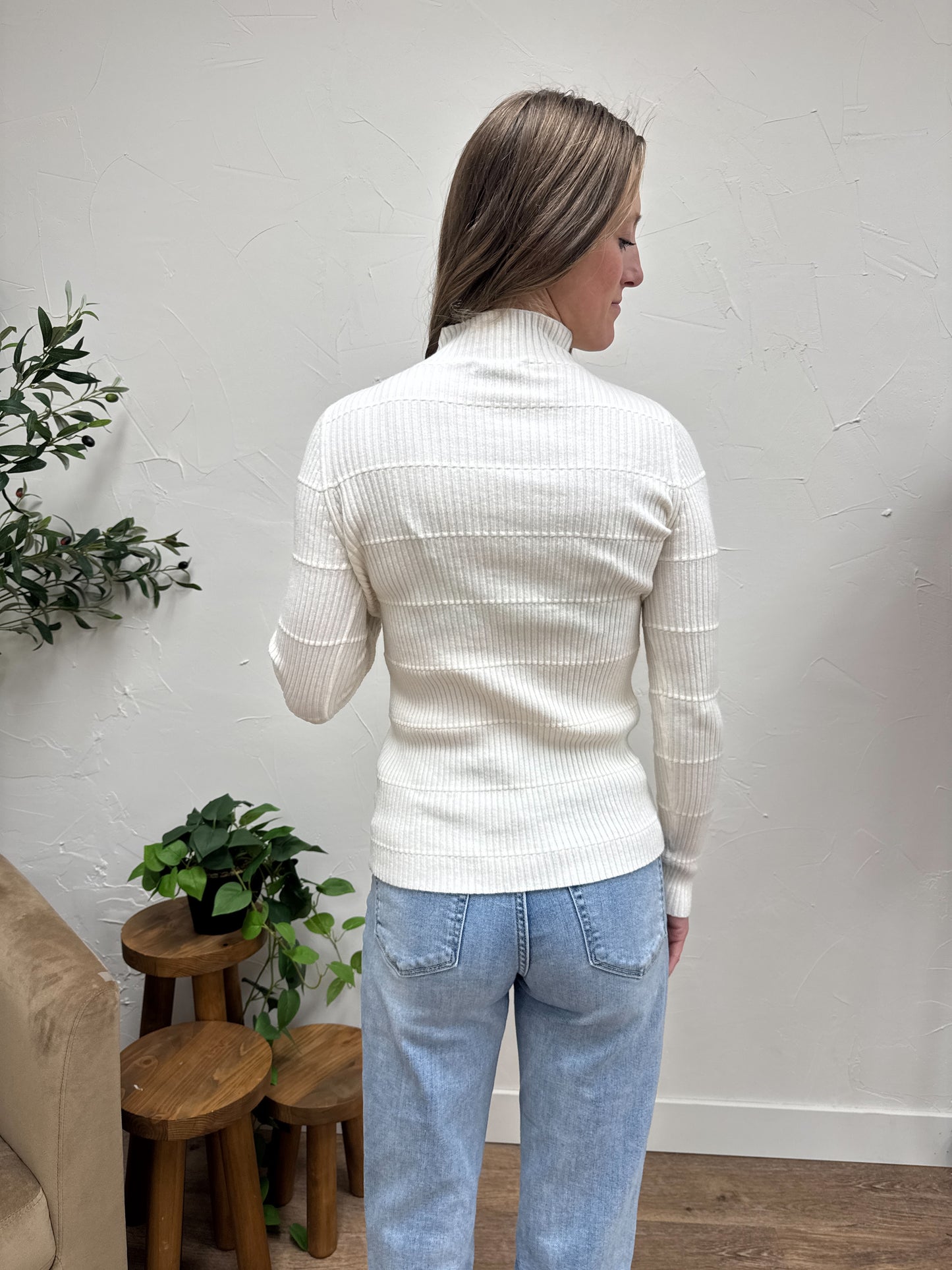 Pintuck Striped Fitted Solid Mock Neck Sweater