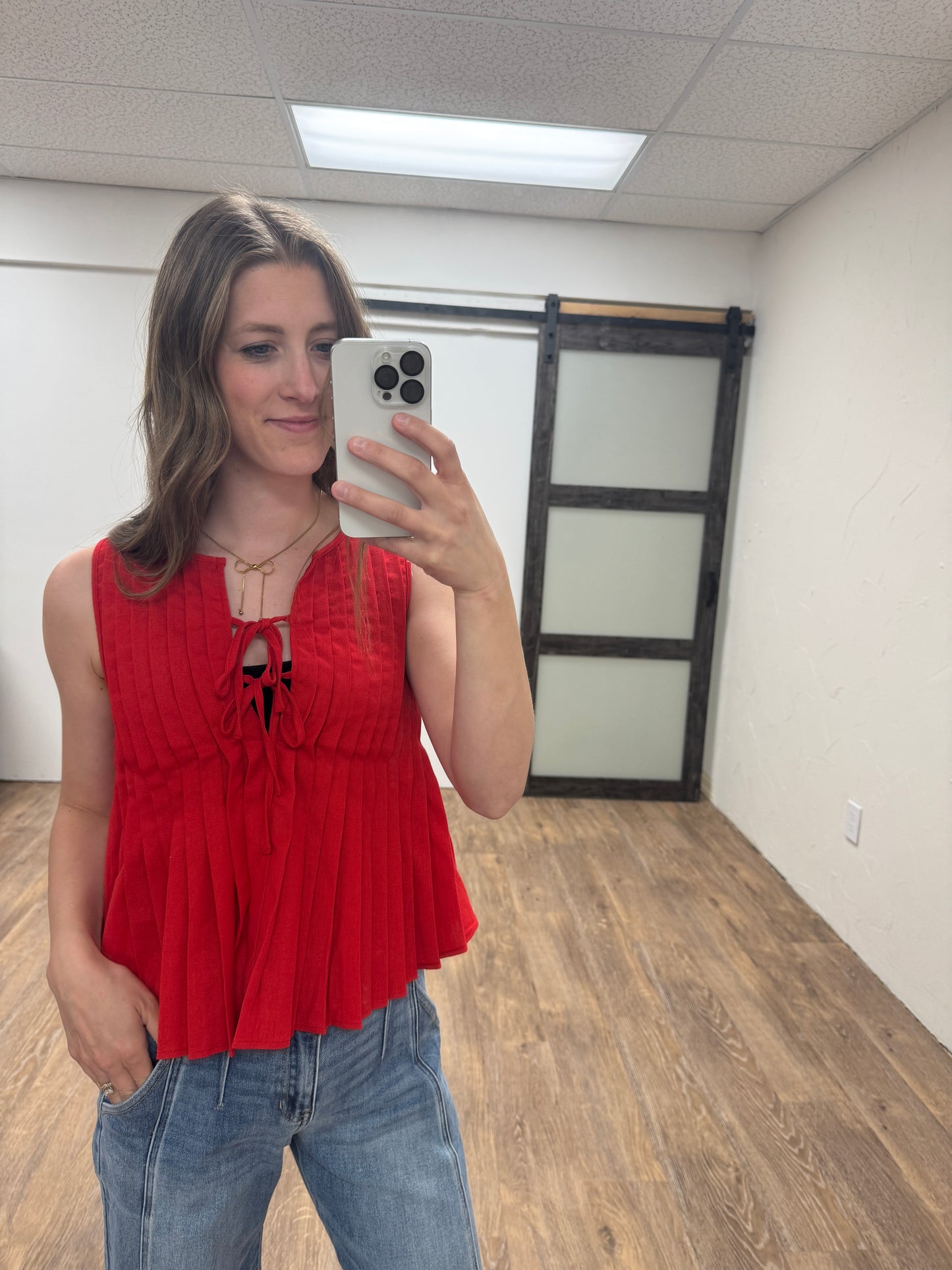 Pleated Tank Top with Bow Detail