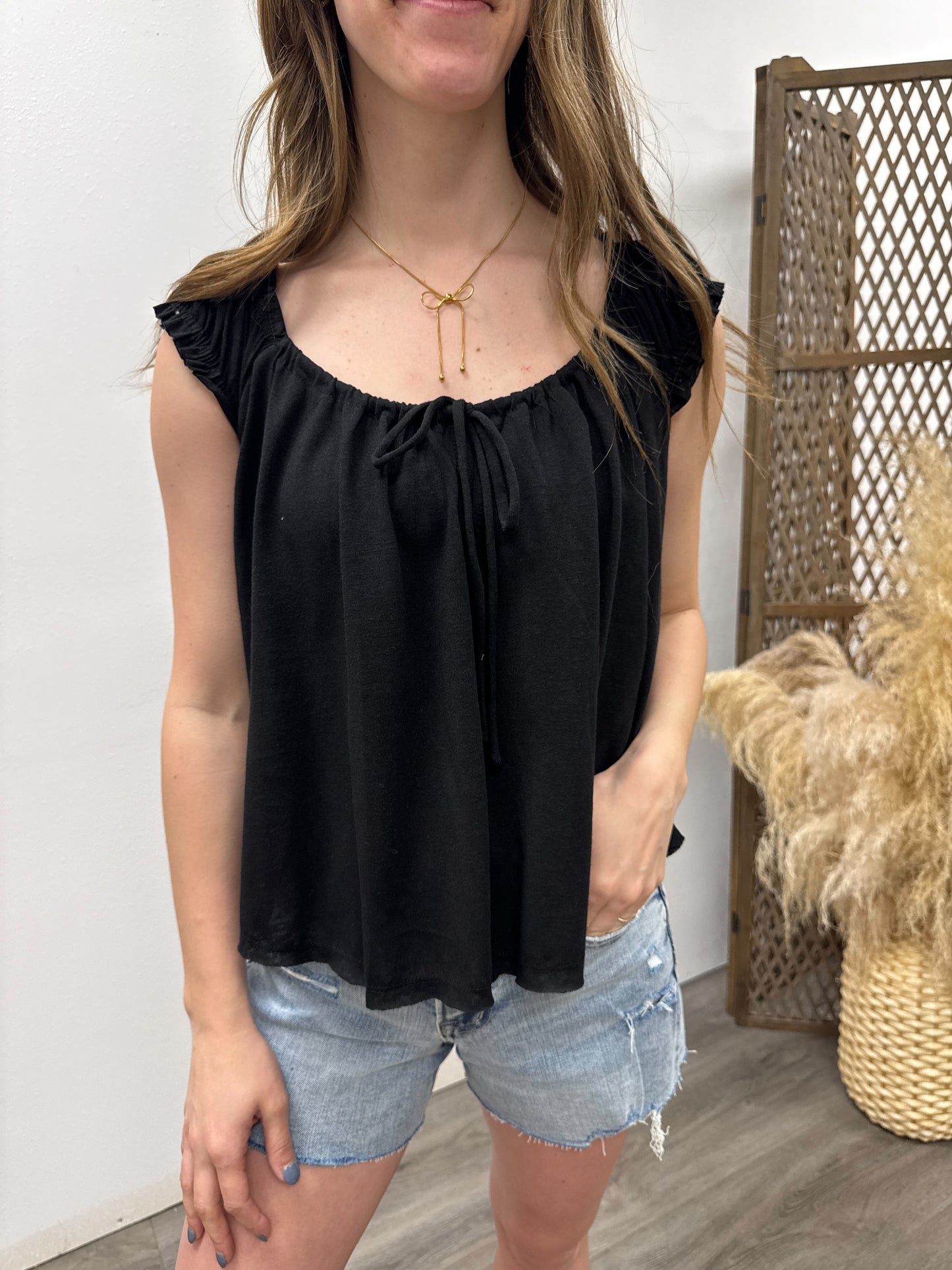 Slub Knit Cap Sleeve Flowy Peasant Top