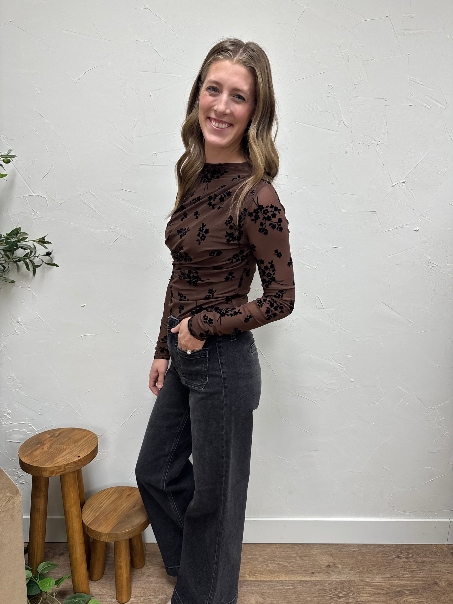 High Neck Long Sleeve Mesh Velvet Bodysuit