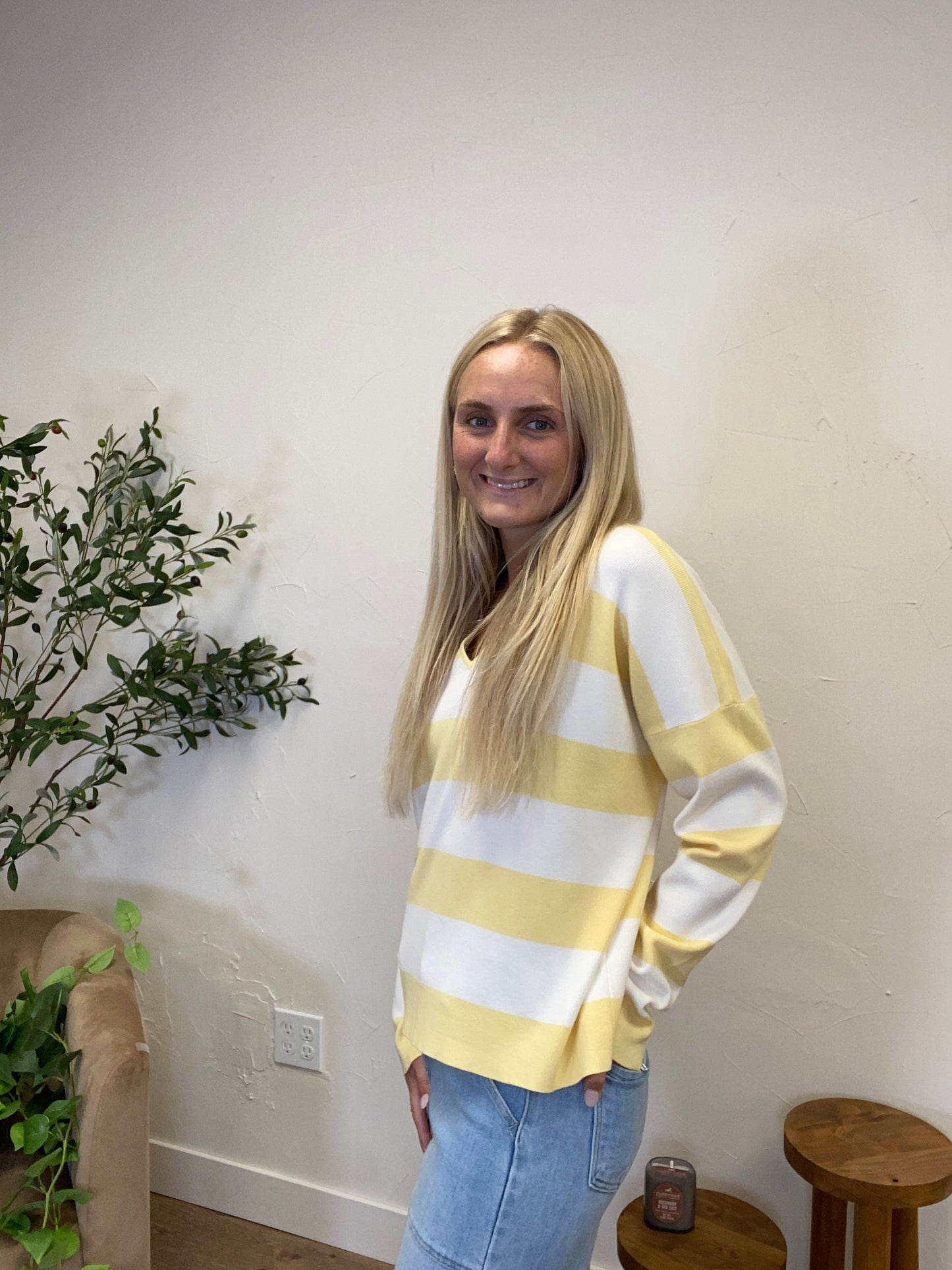 Striped Notch Neck Knit Sweater