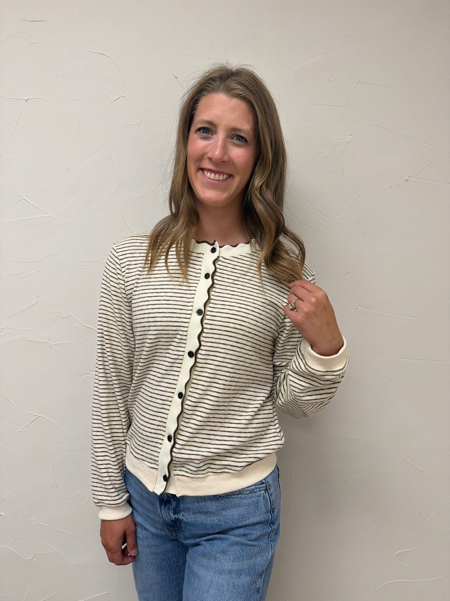 Stripe Knit Scallop Trim Cardigan