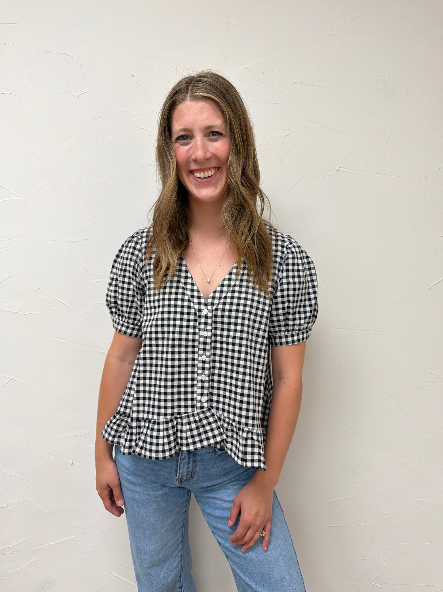 Puff Short Sleeve V Neck Gingham Blouse