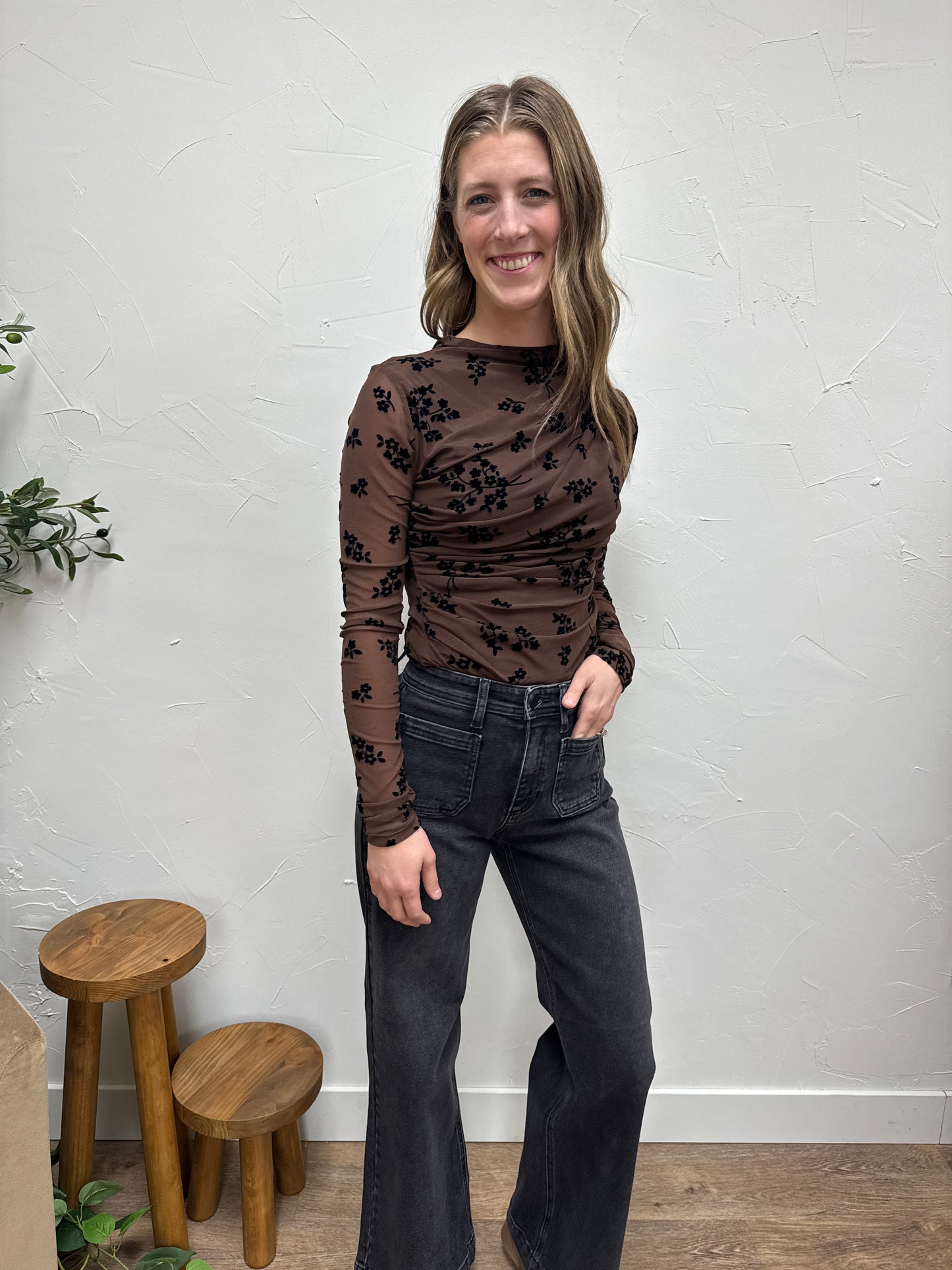 High Neck Long Sleeve Mesh Velvet Bodysuit