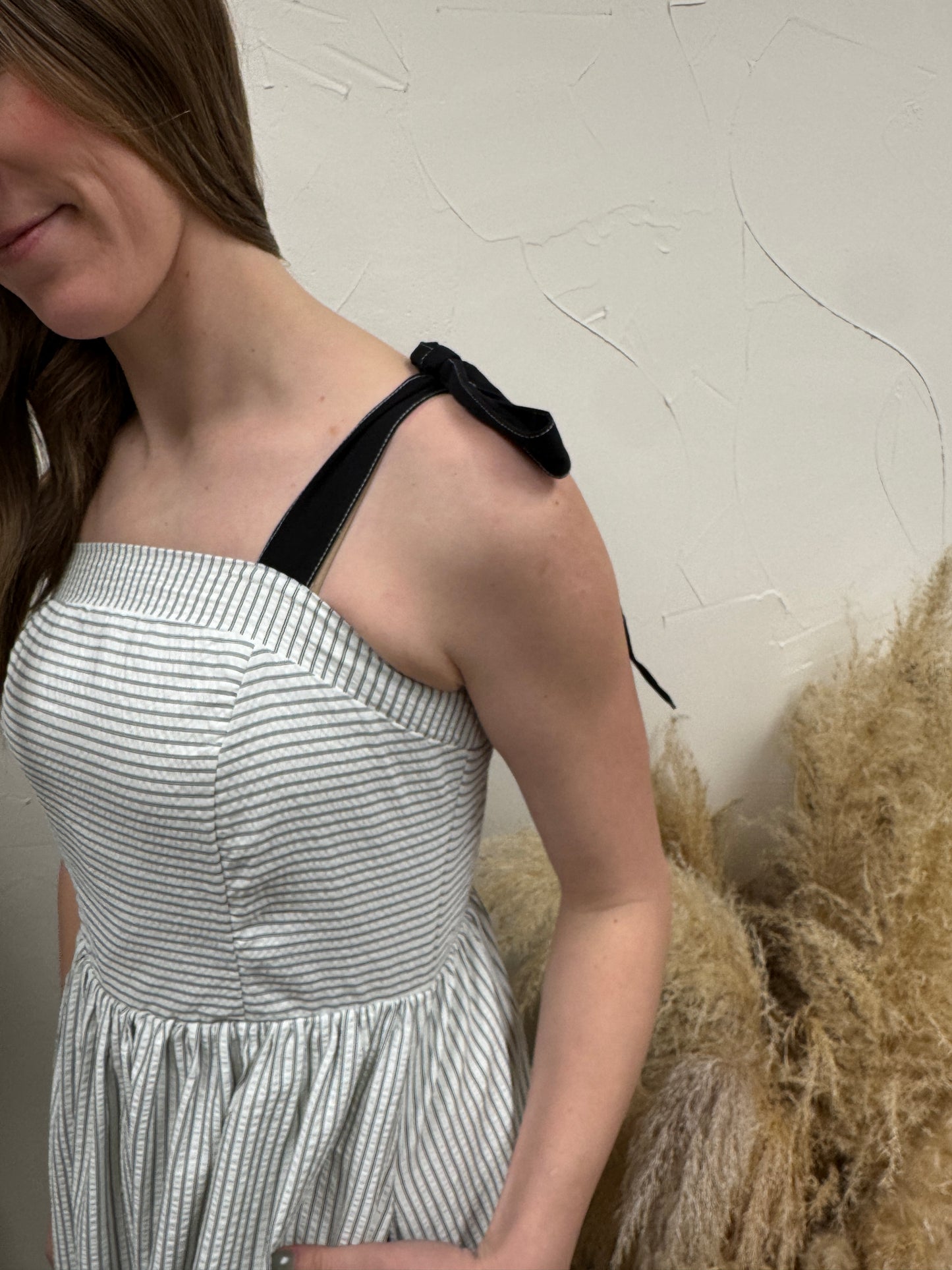 Ribbon Tie Strap Striped Midi Dress