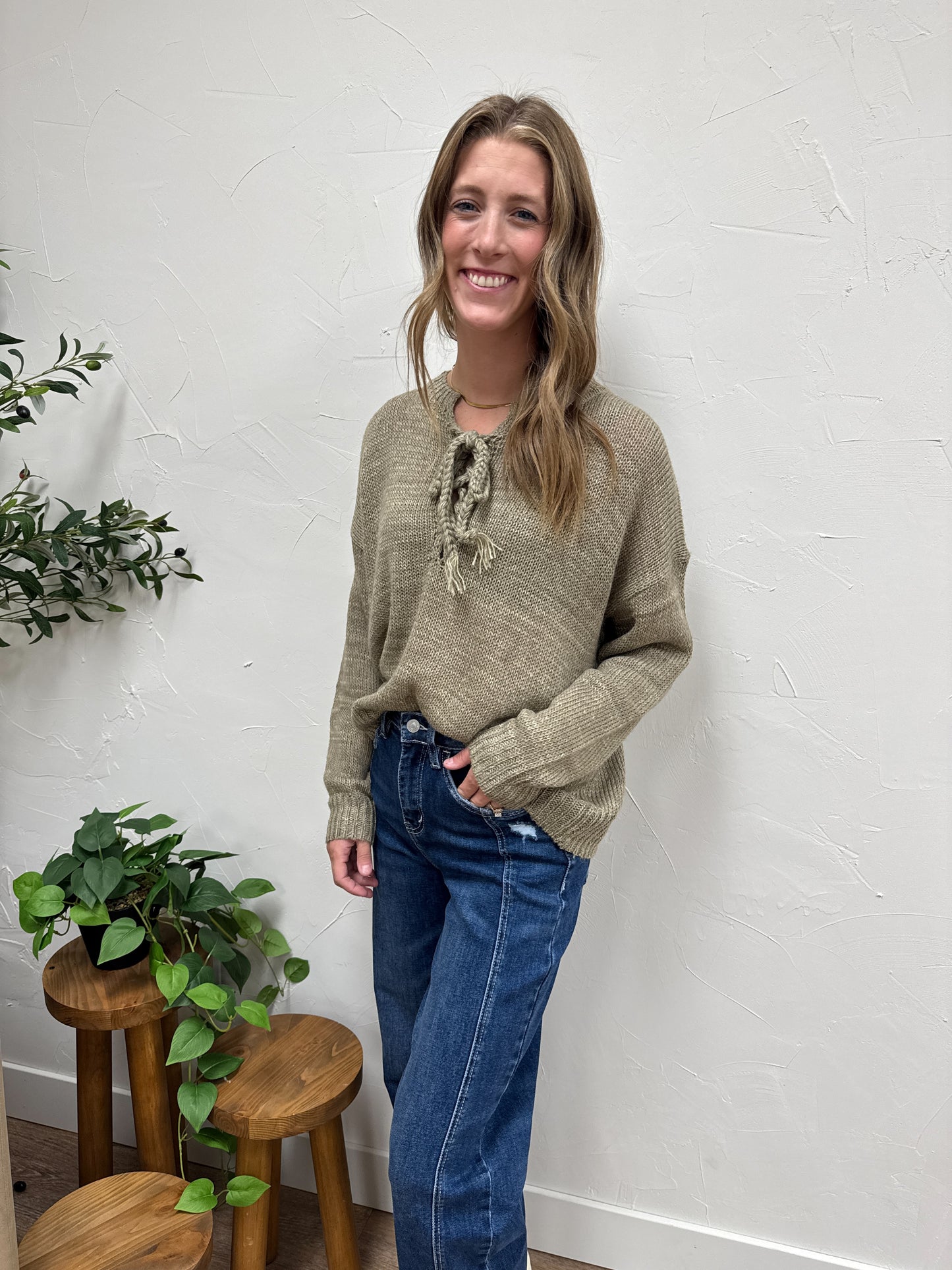 Lace-UP Front Sweater Top