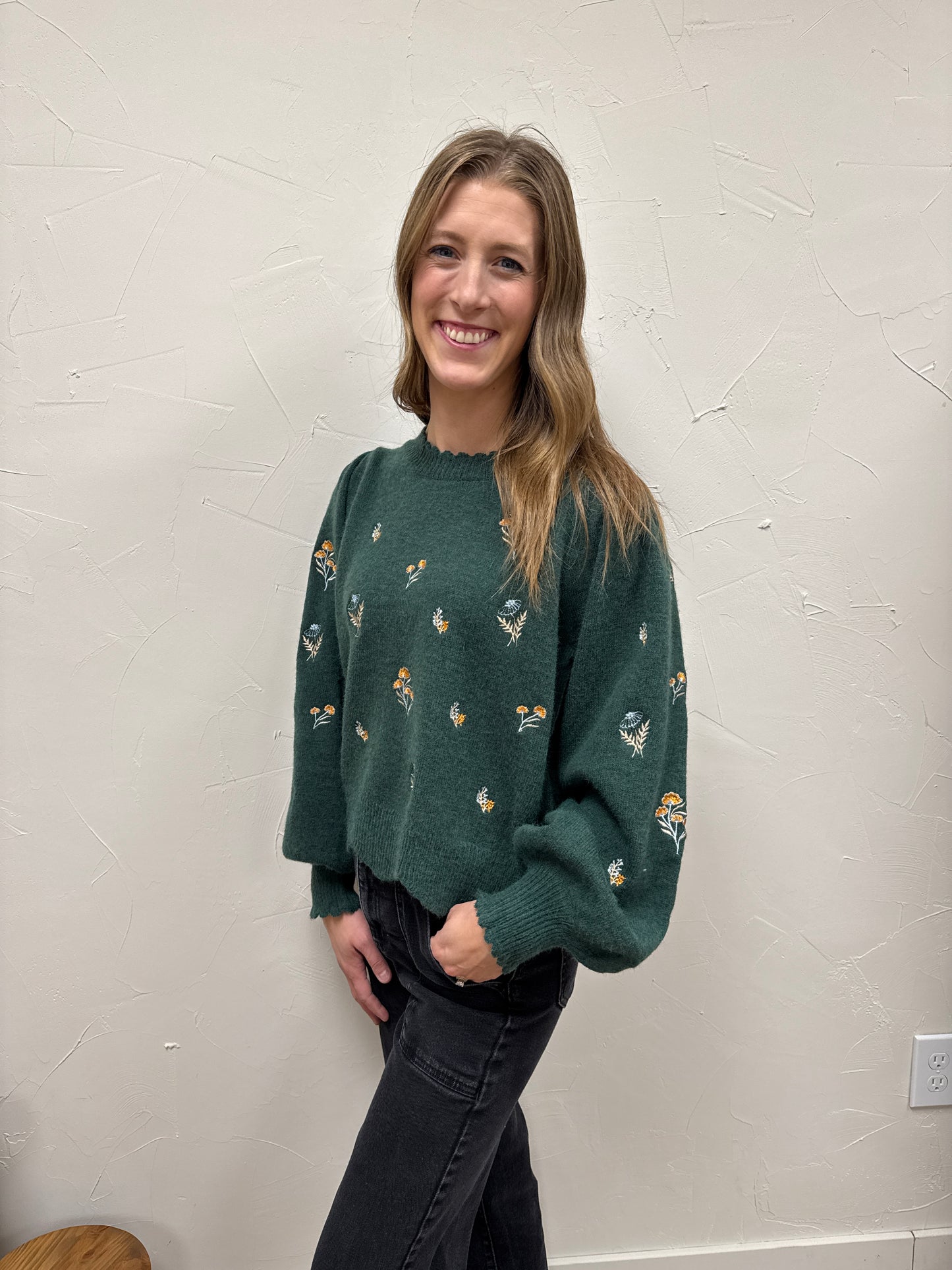 Embroidered Scallop Detail Sweater