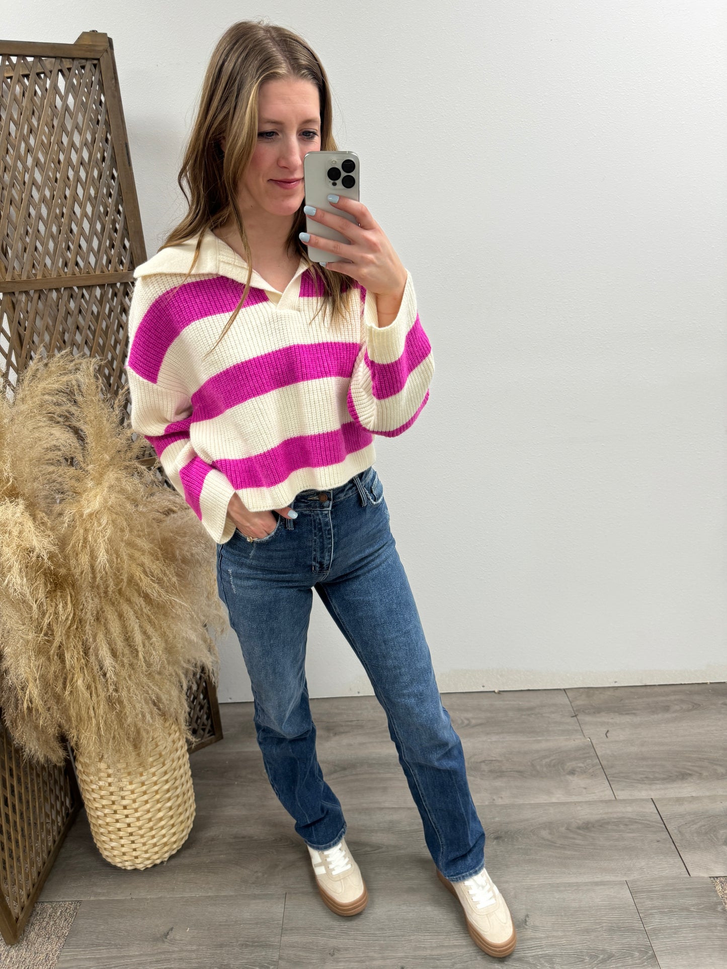 STRIPE DROP SHOULDER WITH WIDE COLLAR SWEATER - Three:Twelve Boutique
