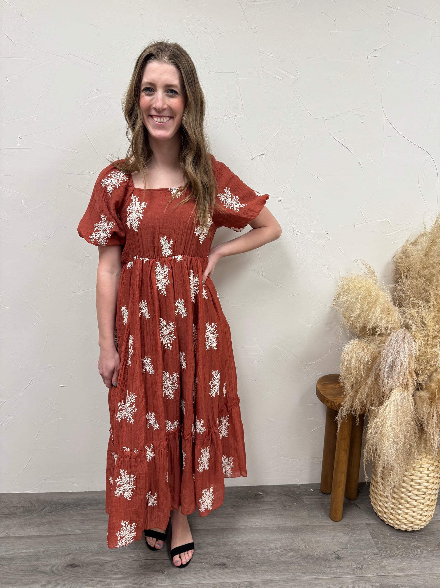 Embroidered Square Neck Bubble Sleeve Dress