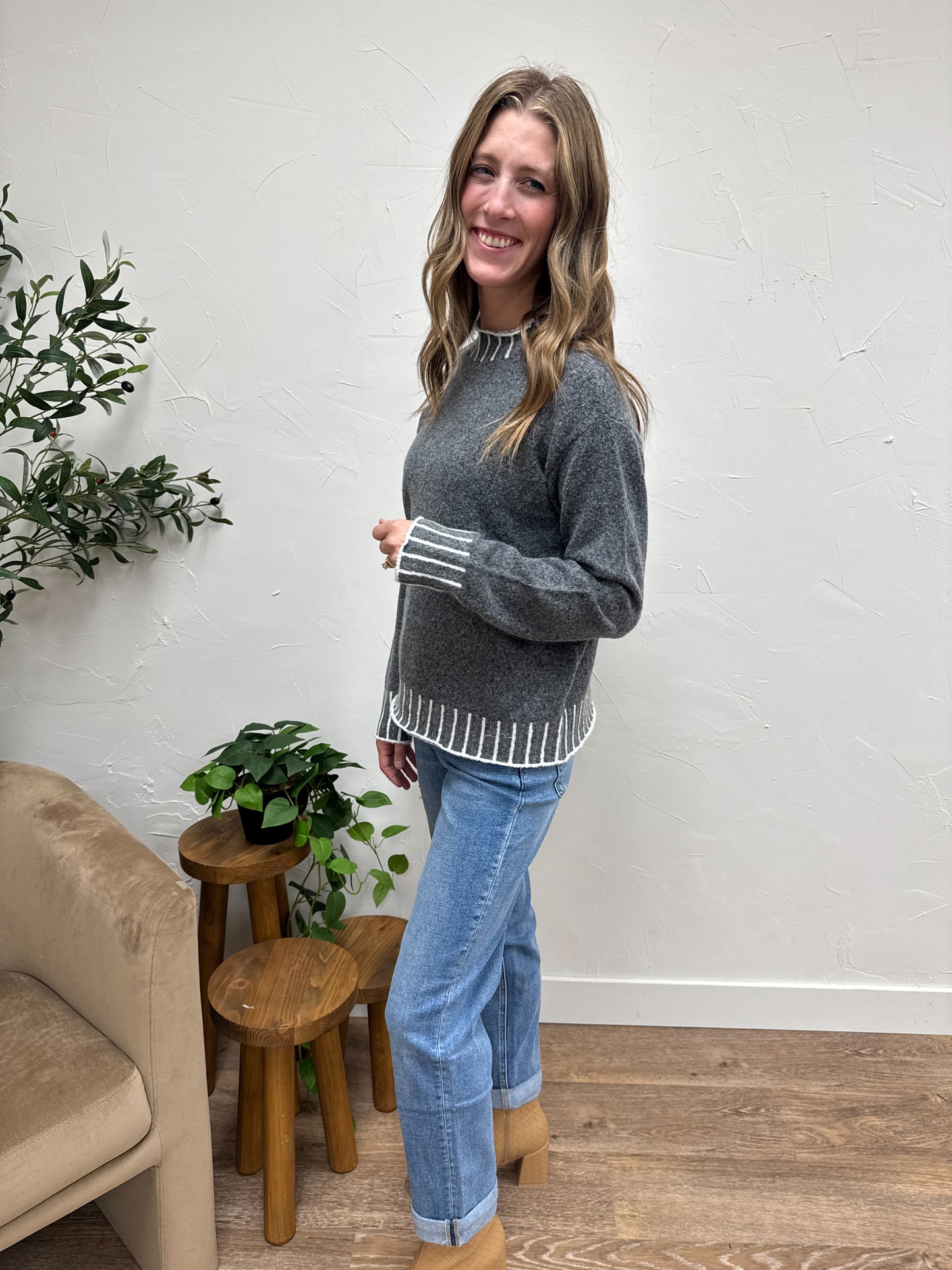 Color Texture Accent Mock Neck Pullover