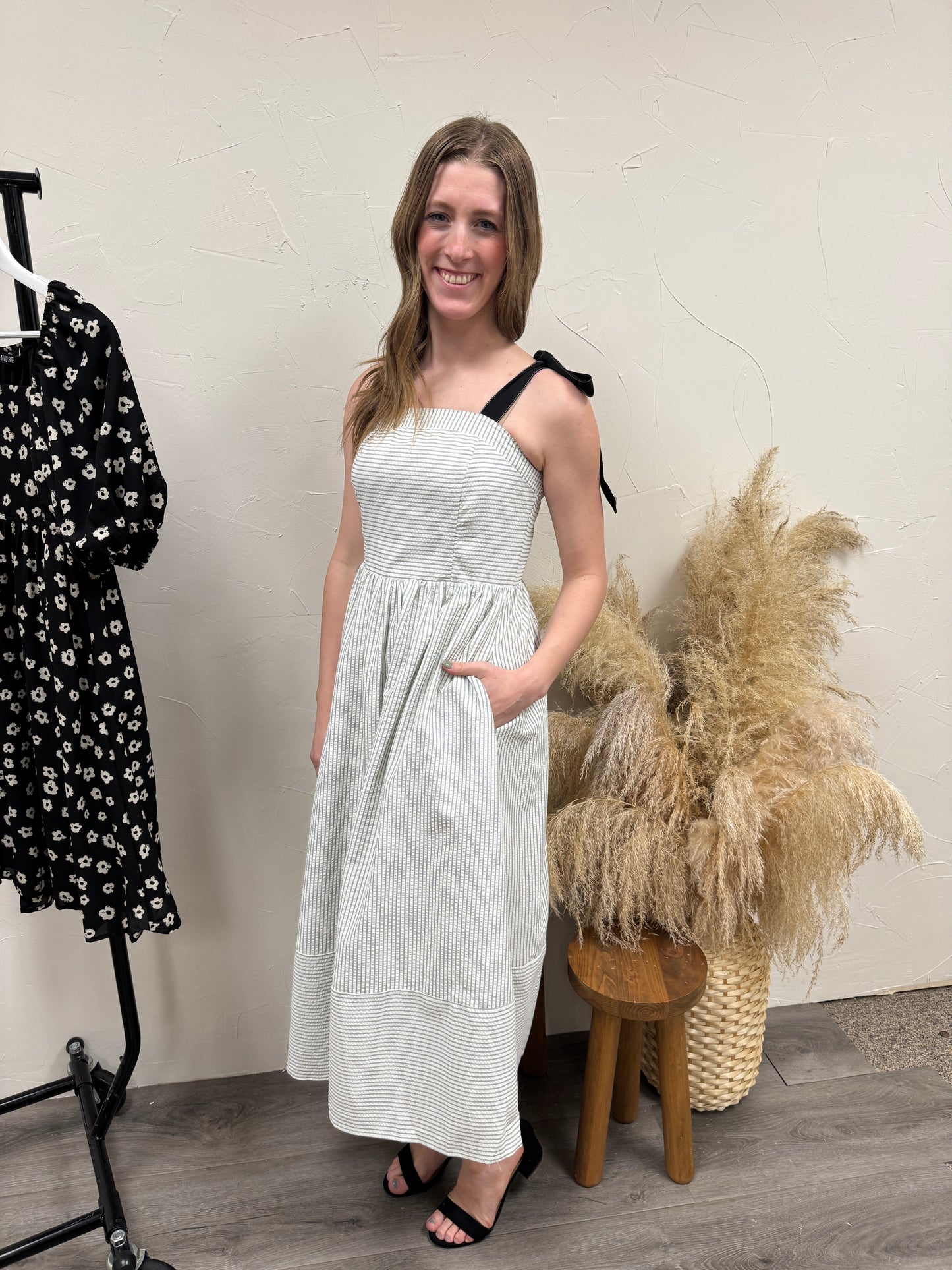 Ribbon Tie Strap Striped Midi Dress