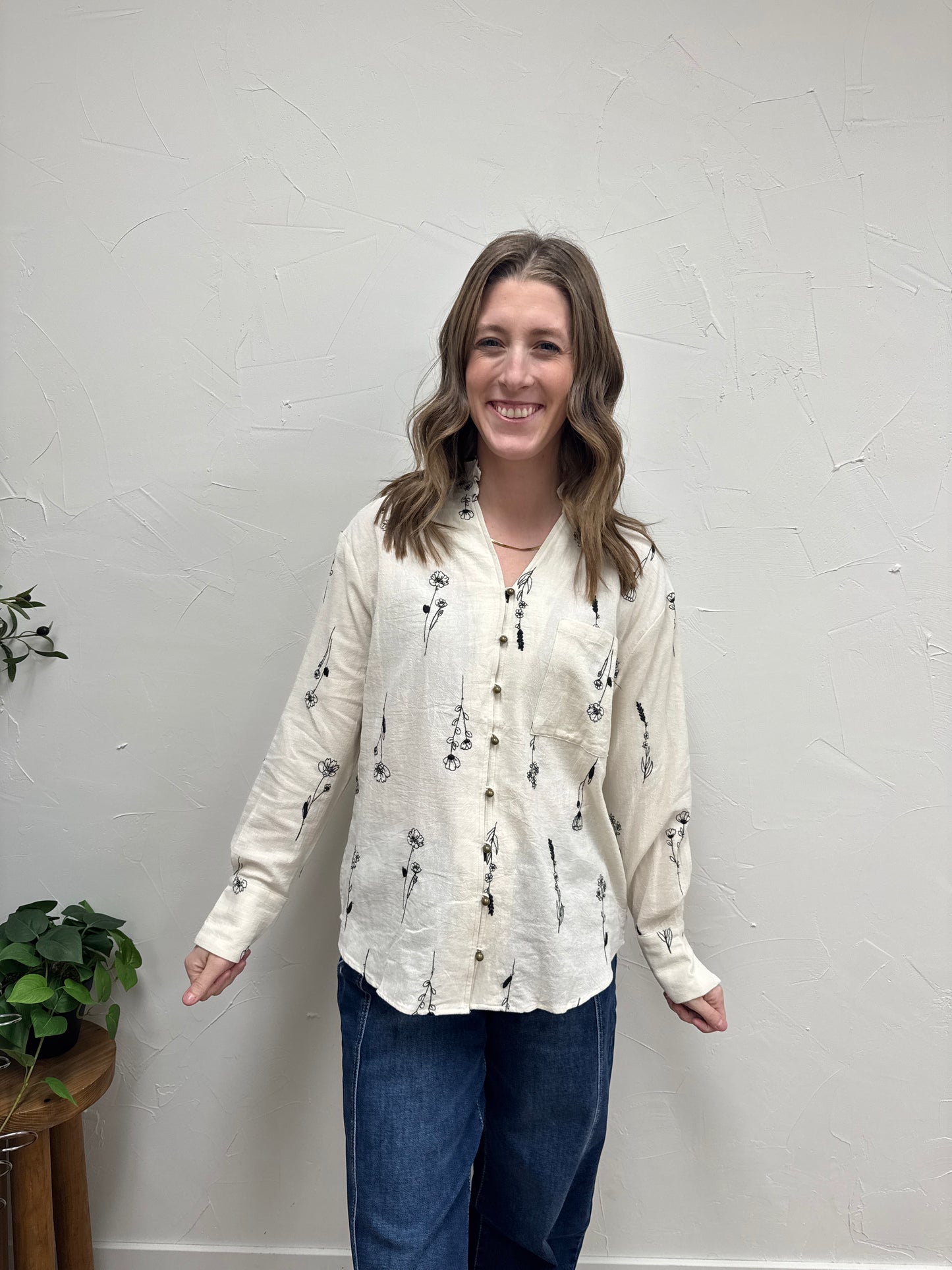 Botanical embroidery long sleeve top