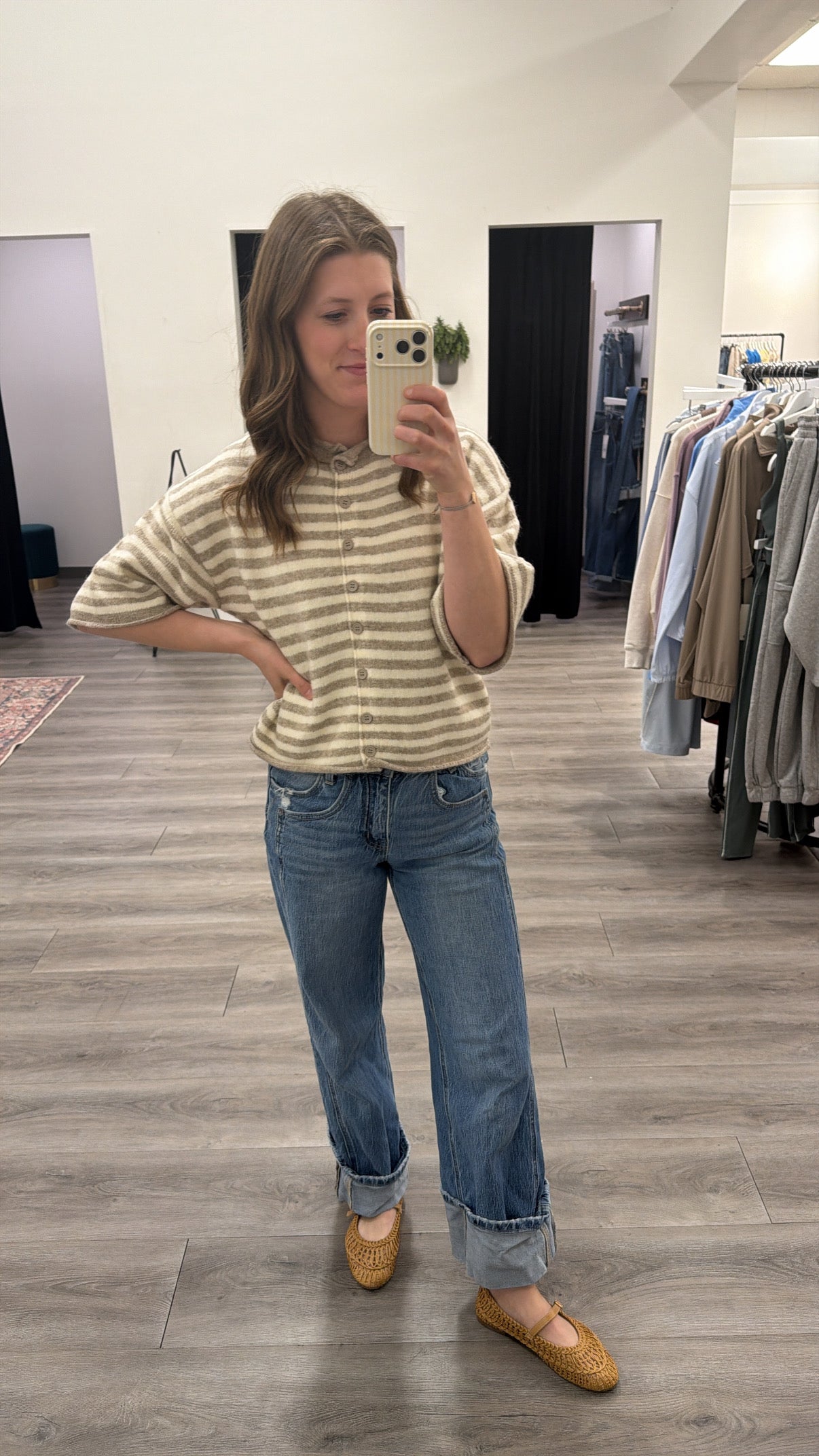 Knit Sweater Striped Quarter Sleeve Cardigan