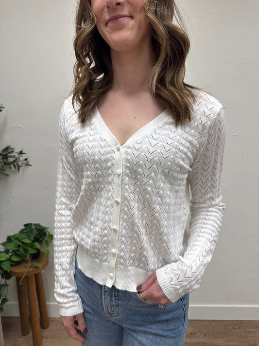 Pointelle Detailed V neck Button Down Sweater