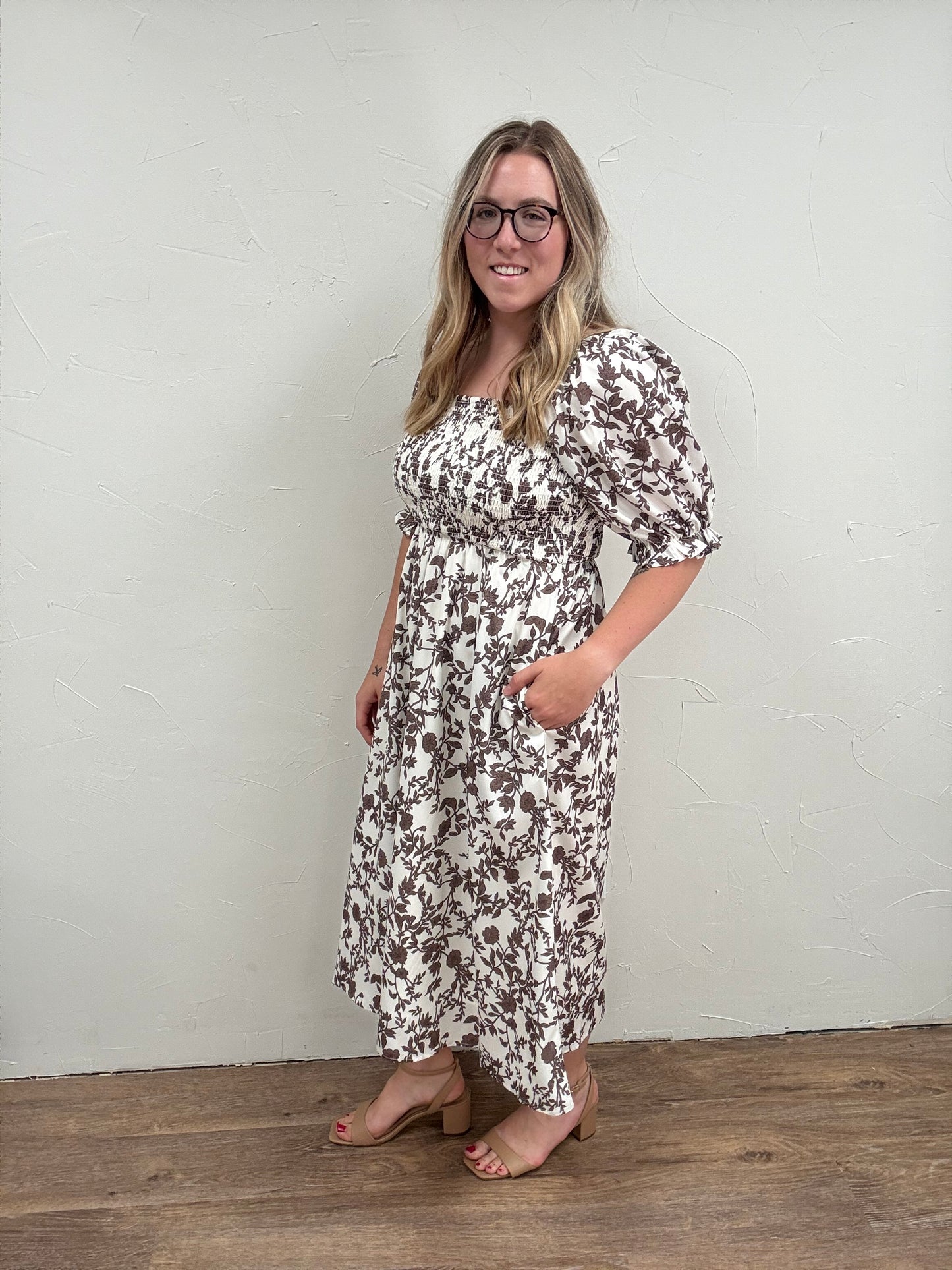 Floral Balloon Sleeve Smocked Dress