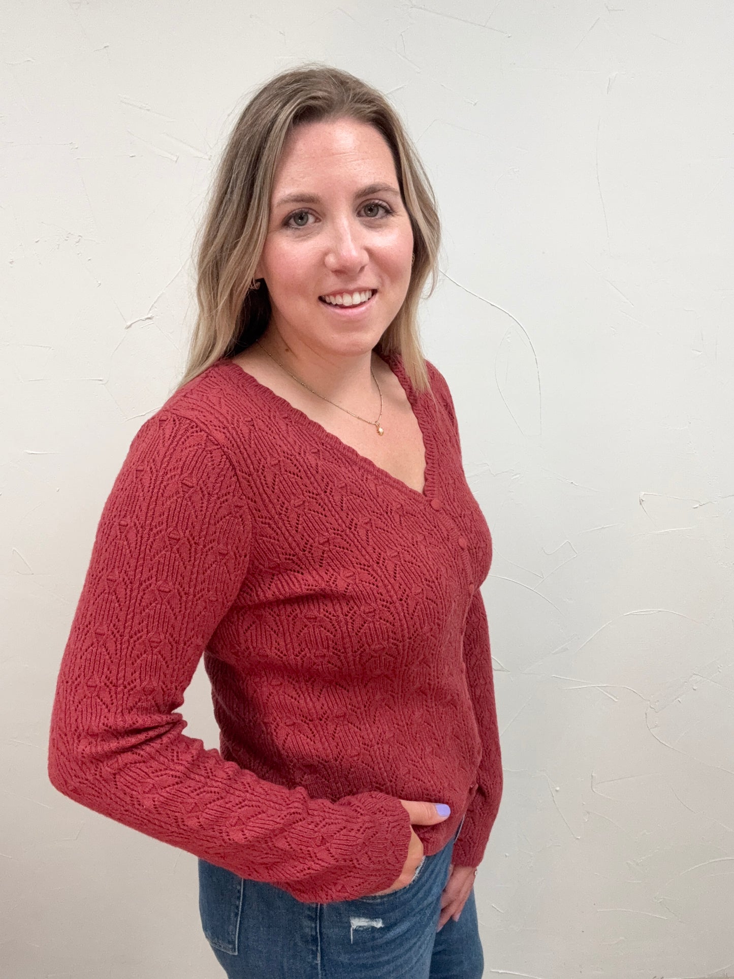 Pointelle Knit Scallop Cardigan