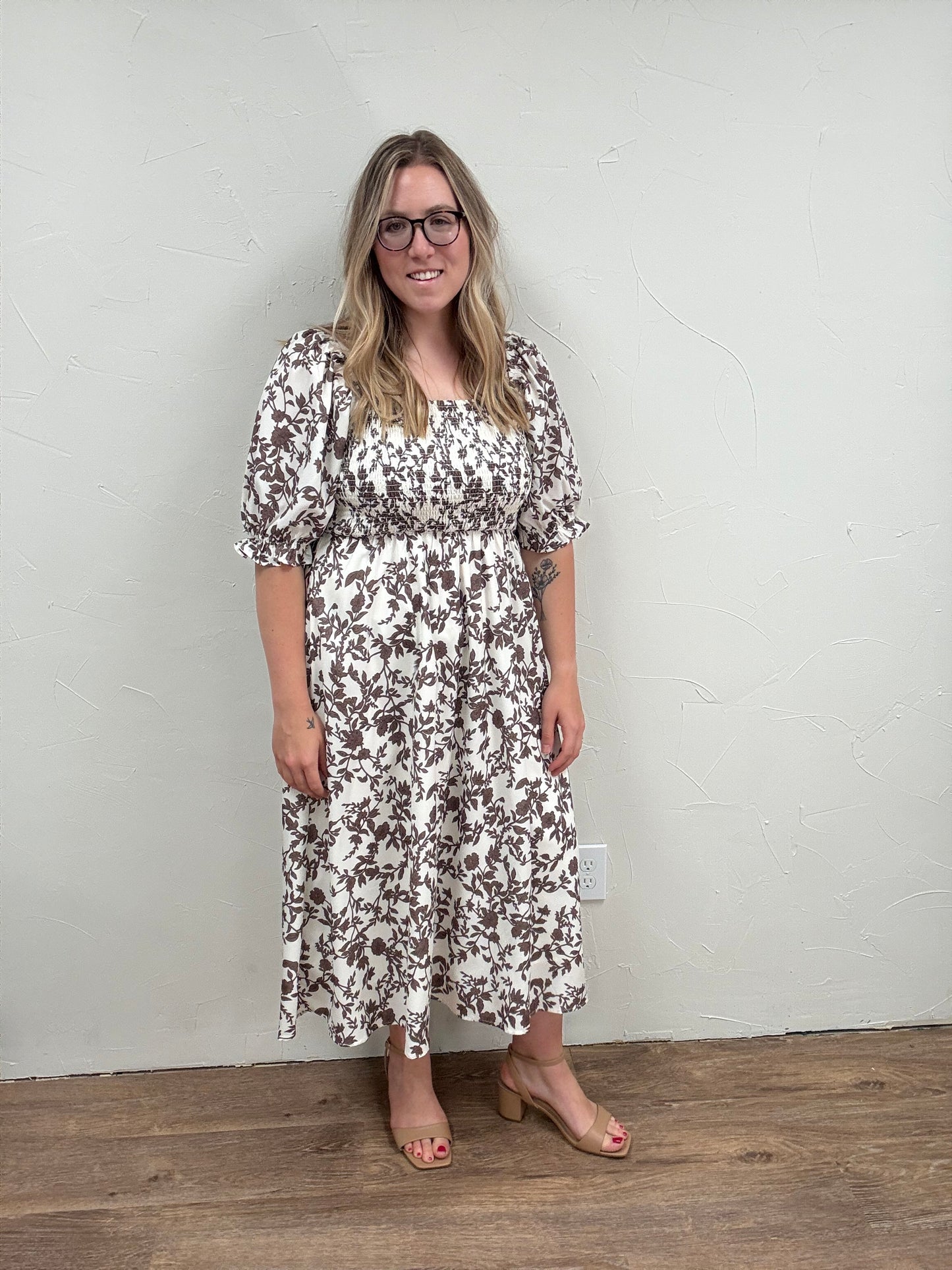 Floral Balloon Sleeve Smocked Dress