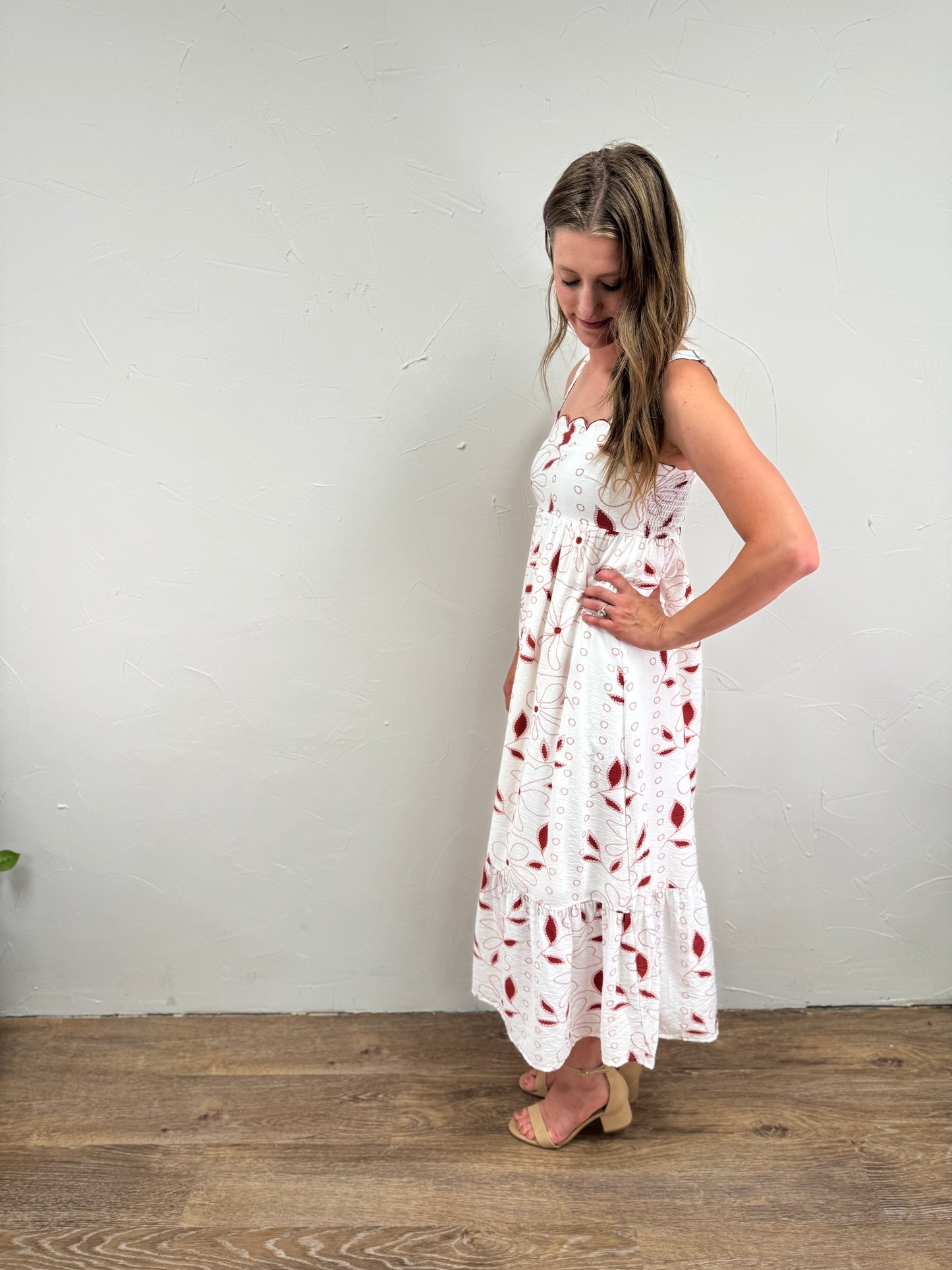 Floral Embroidery Scallop Trim Midi Dress