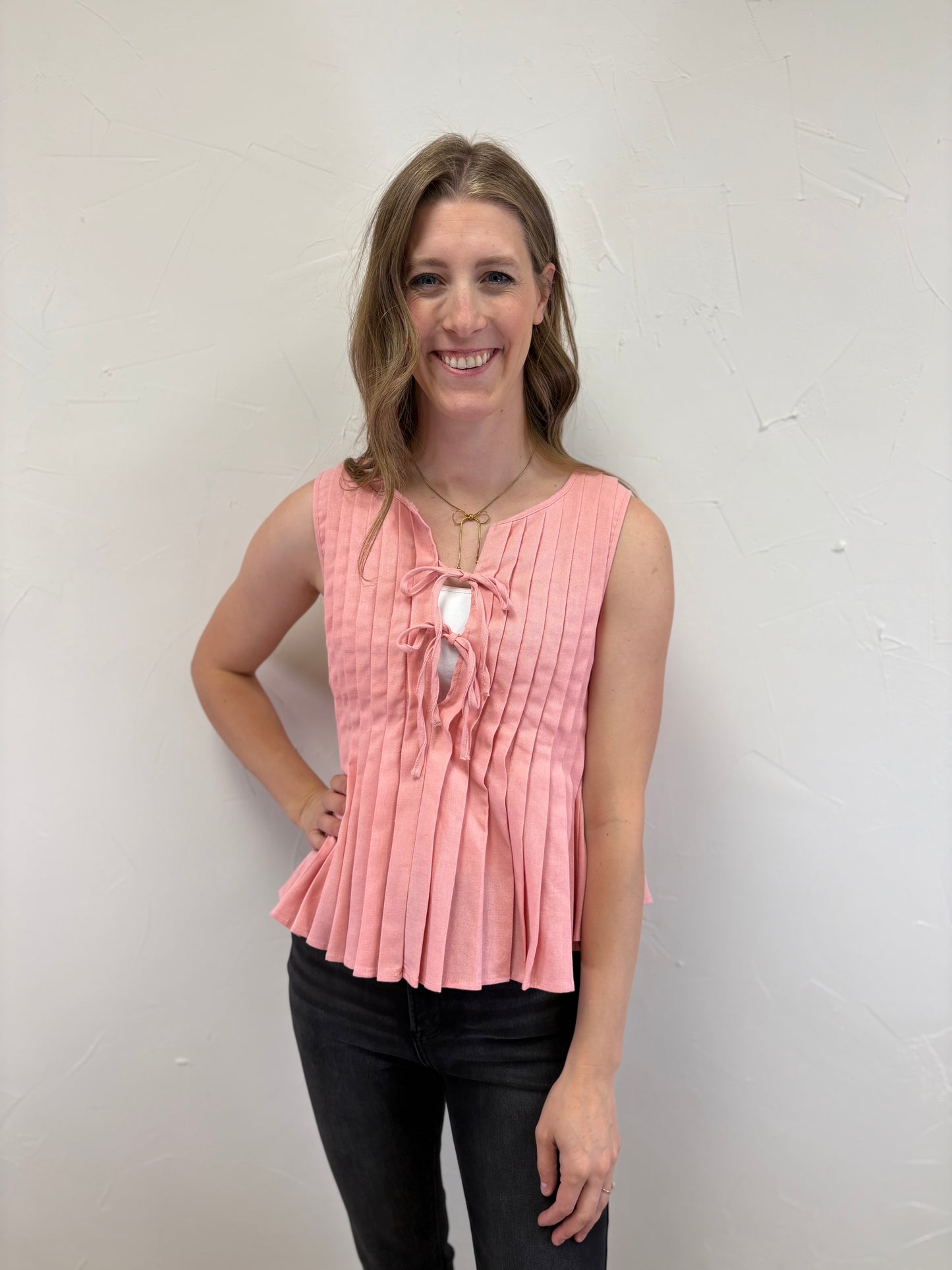 Pleated Tank Top with Bow Detail
