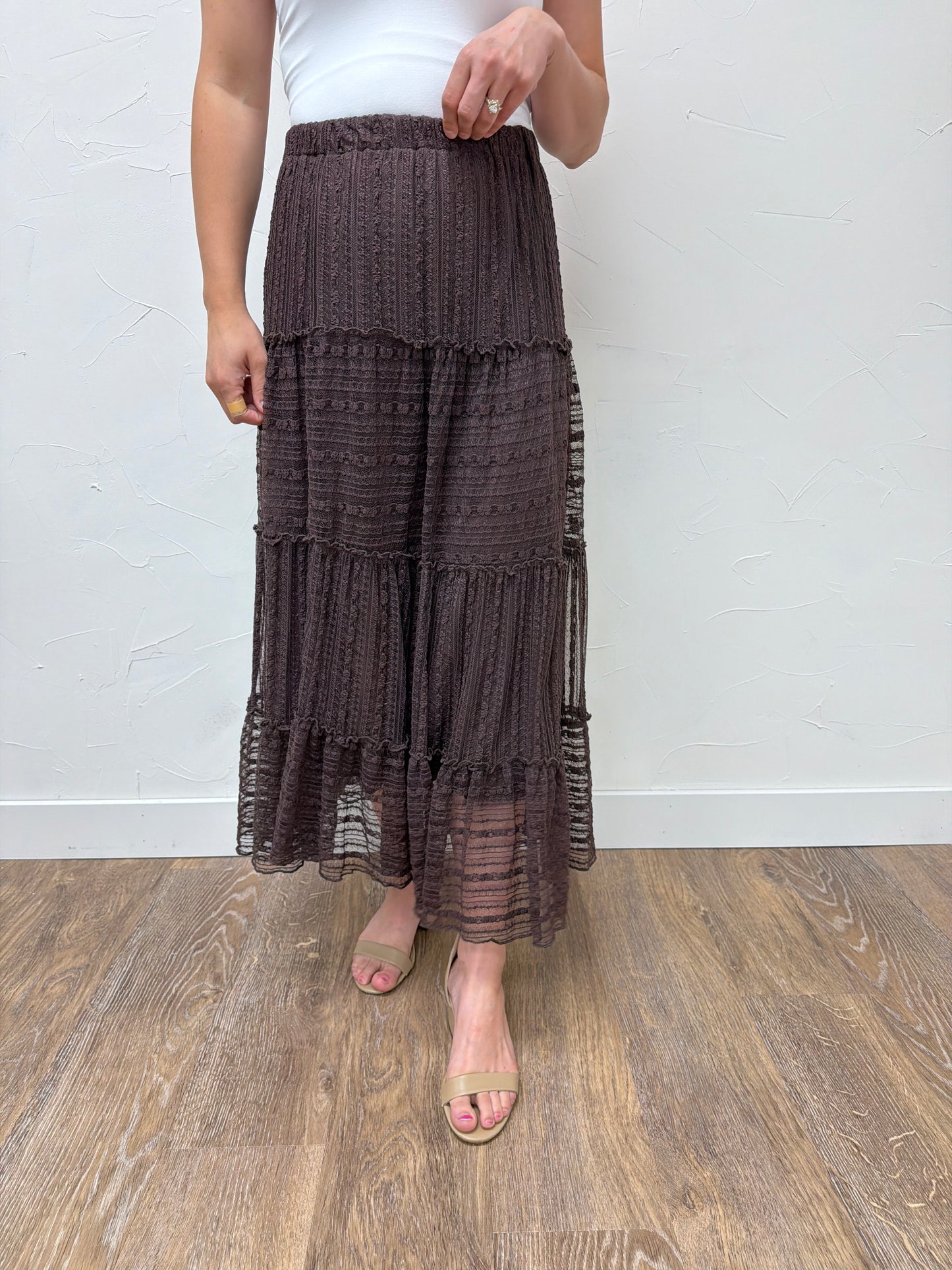 Textured Stripe Ruffle Tiered Midi Skirt