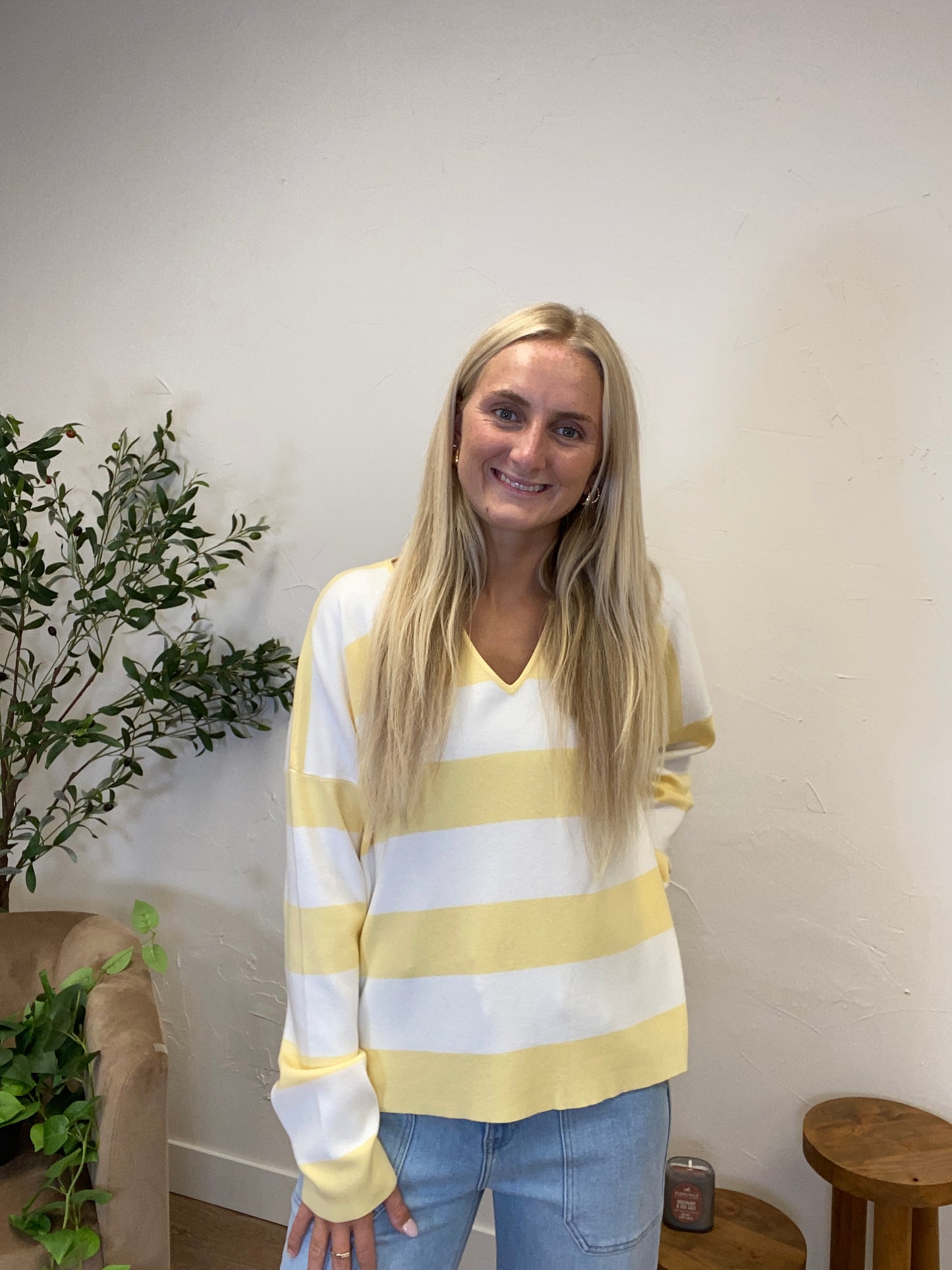 Striped Notch Neck Knit Sweater