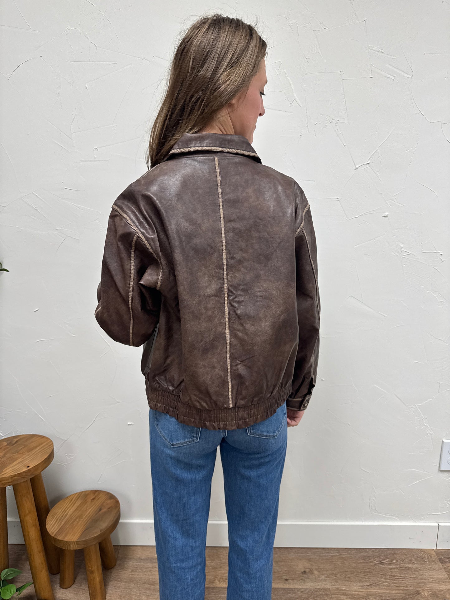 Collared Zip Up Washed Faux Leather Jacket