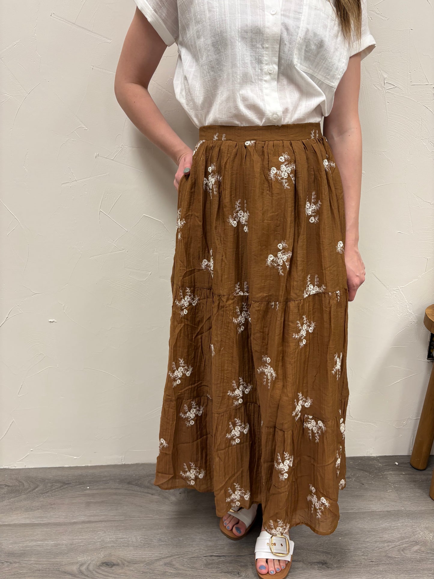 Embroidered Tiered Midi Skirt
