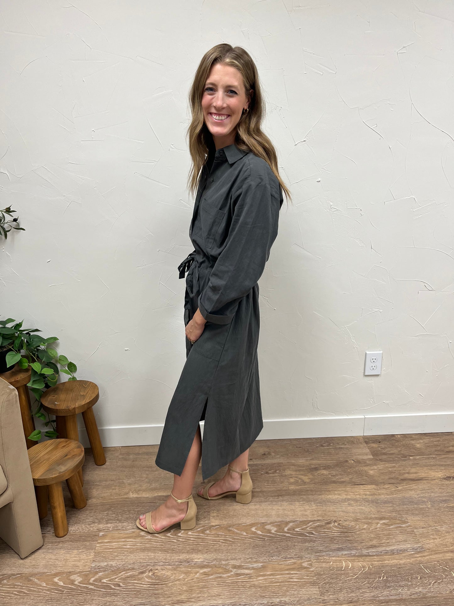 Side Slit Shirt Long Dress with Waist Tie
