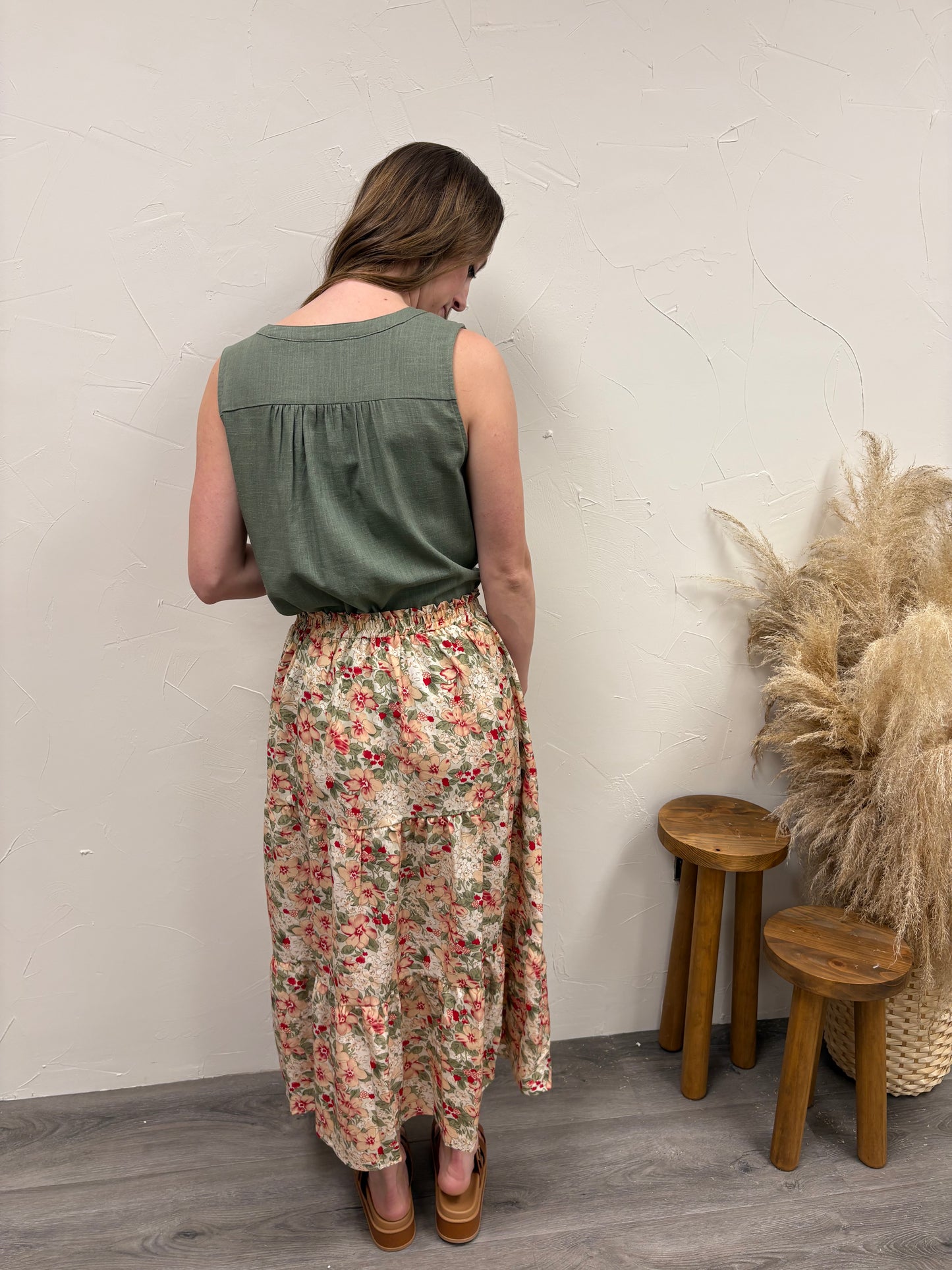 Floral Elastic Waist Midi Skirt