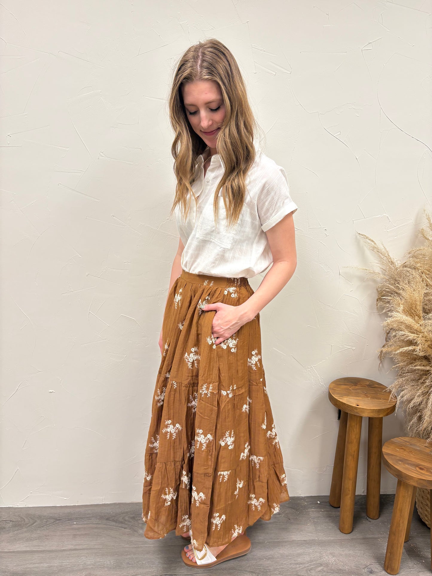 Embroidered Tiered Midi Skirt
