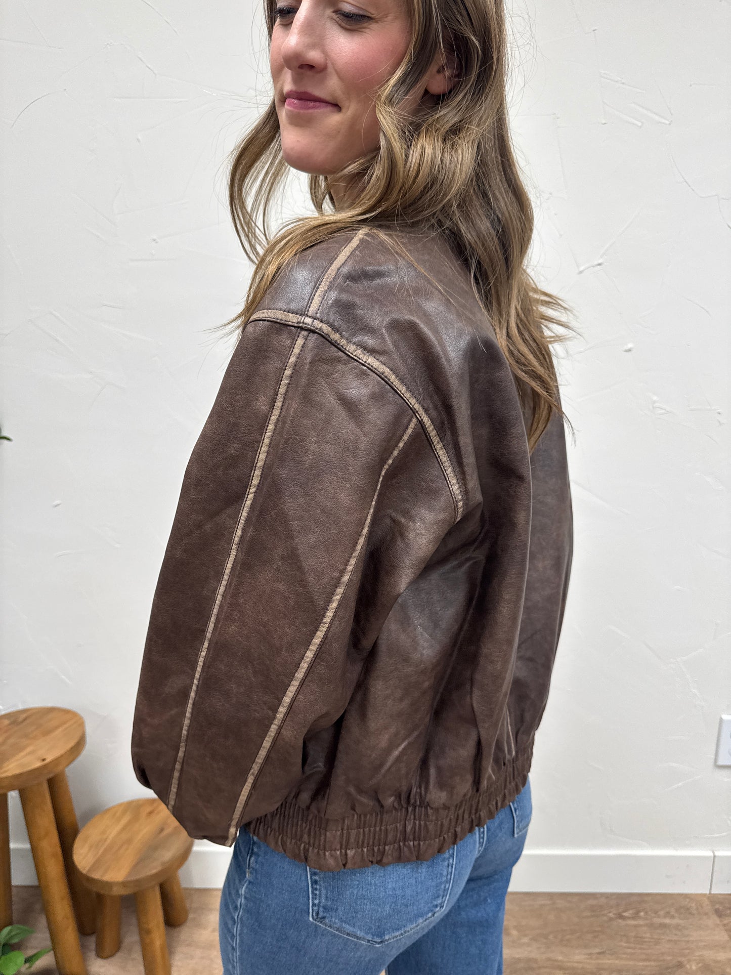 Collared Zip Up Washed Faux Leather Jacket