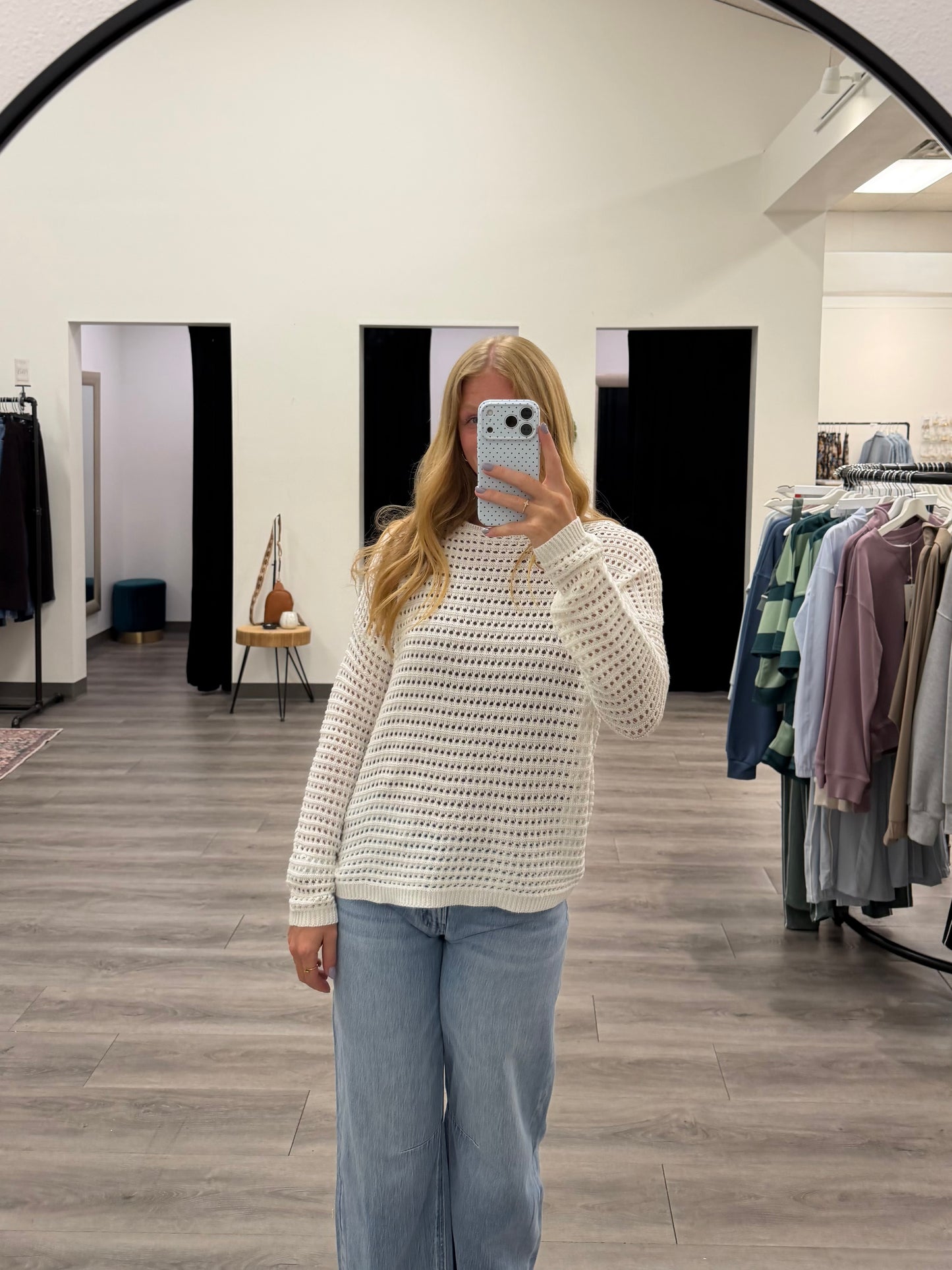 Front view of model wearing Wide Crew Neck Crochet Pullover for Women