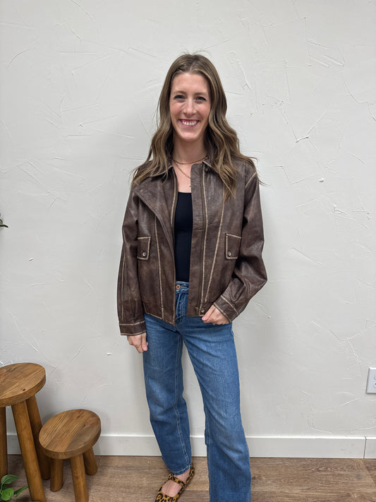 Collared Zip Up Washed Faux Leather Jacket