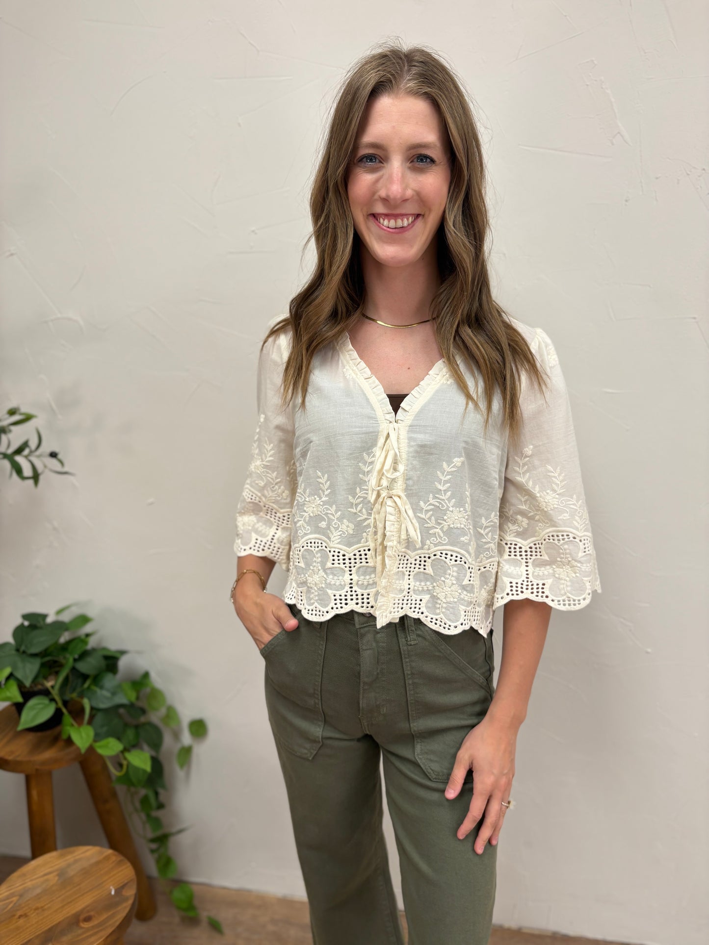 Floral Embroidered Tie Front Blouse