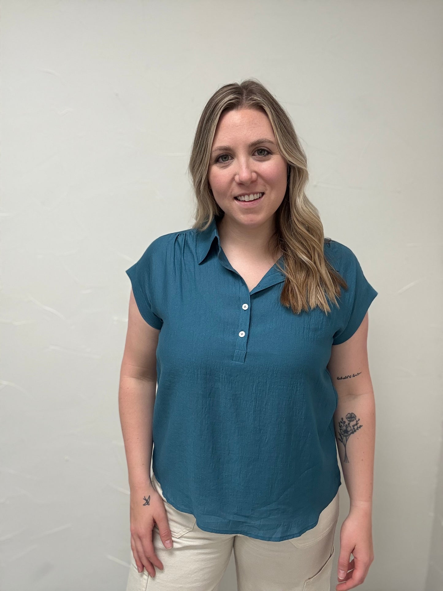 Collared Half Button Short Sleeve