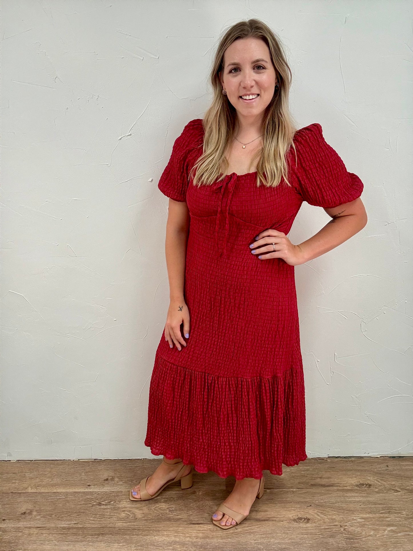Textured Woven Tie Front Midi Dress
