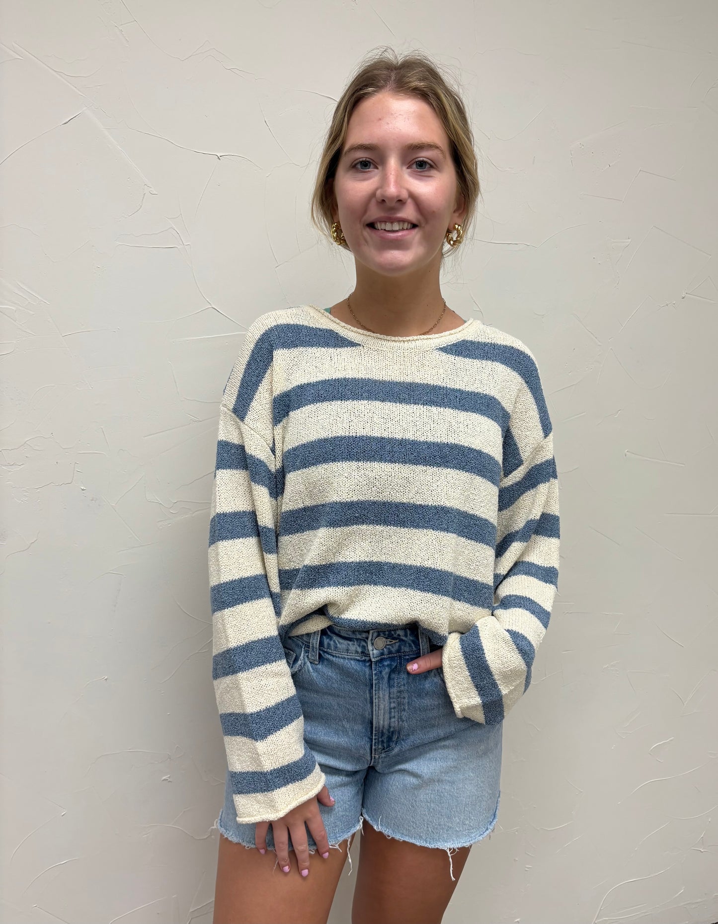 Boat Neck Striped Texture Knit Sweater