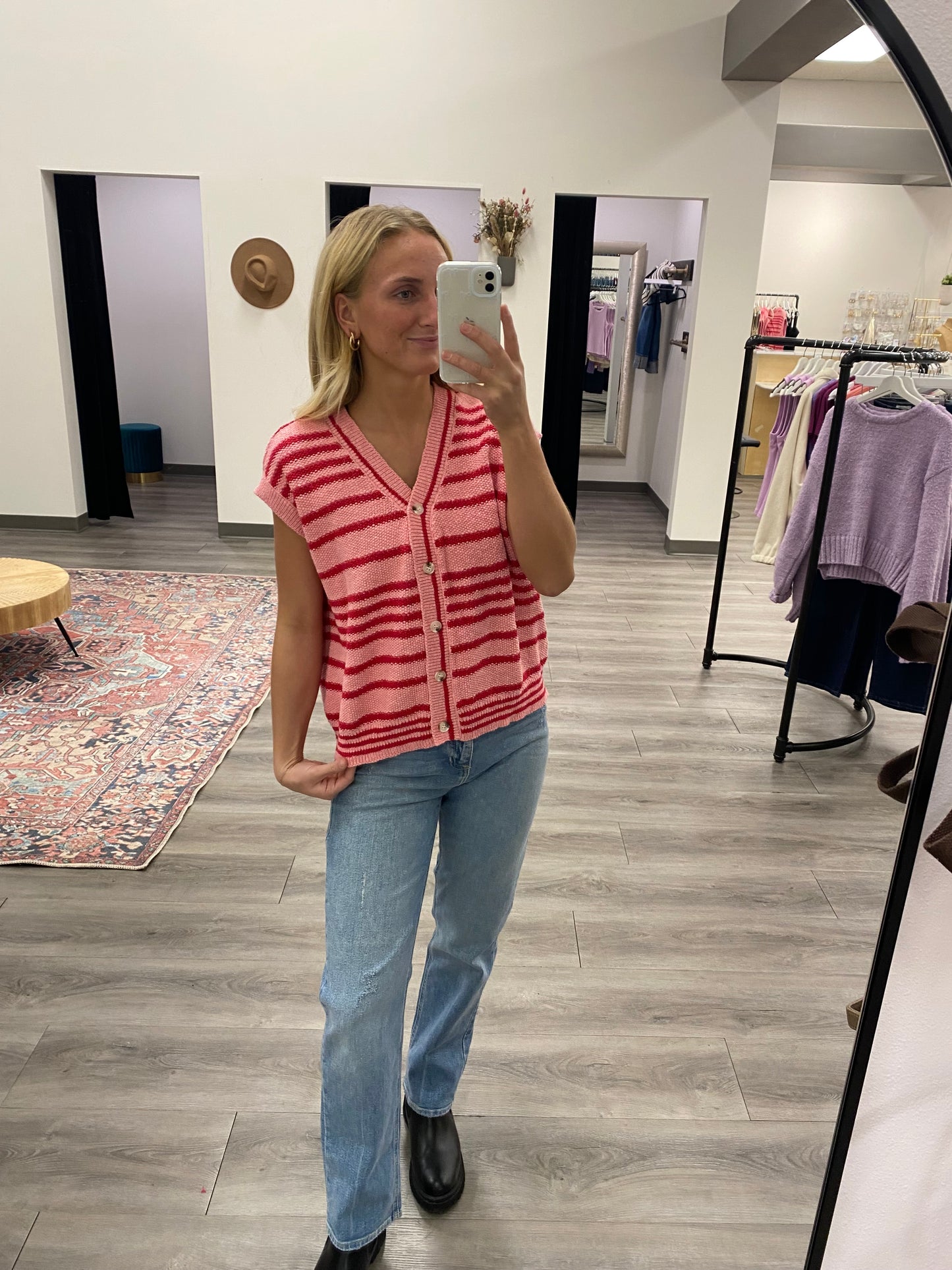 STRIPED BUTTON-UP SWEATER TOP - Three:Twelve Boutique