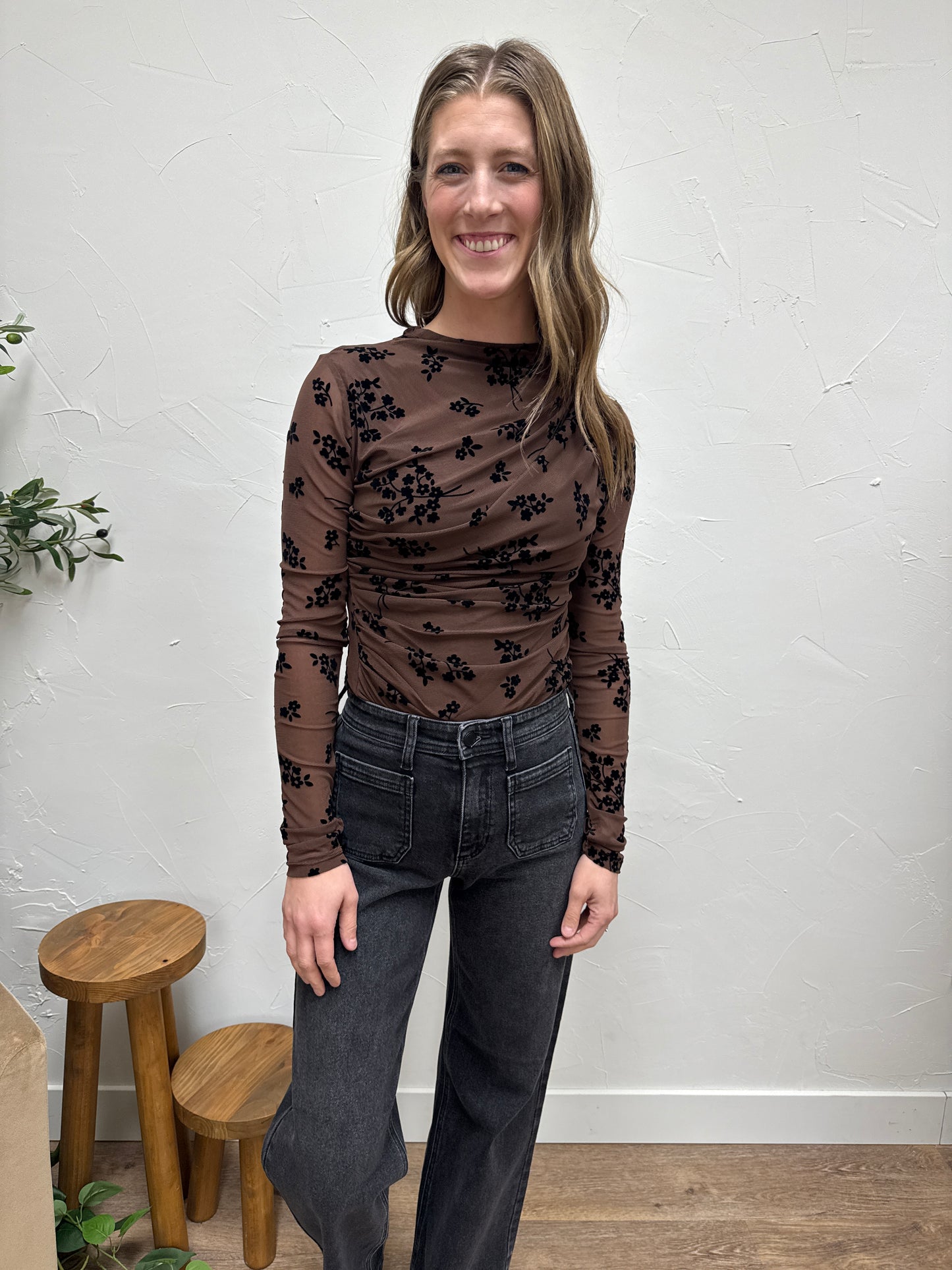 High Neck Long Sleeve Mesh Velvet Bodysuit