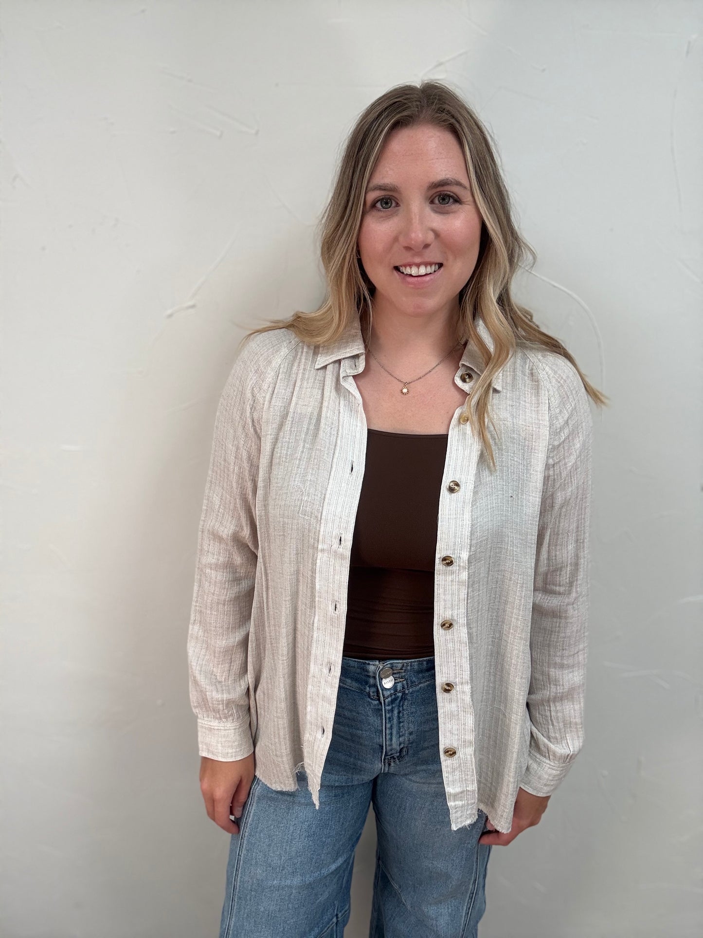 Raglan Button Down Striped Top