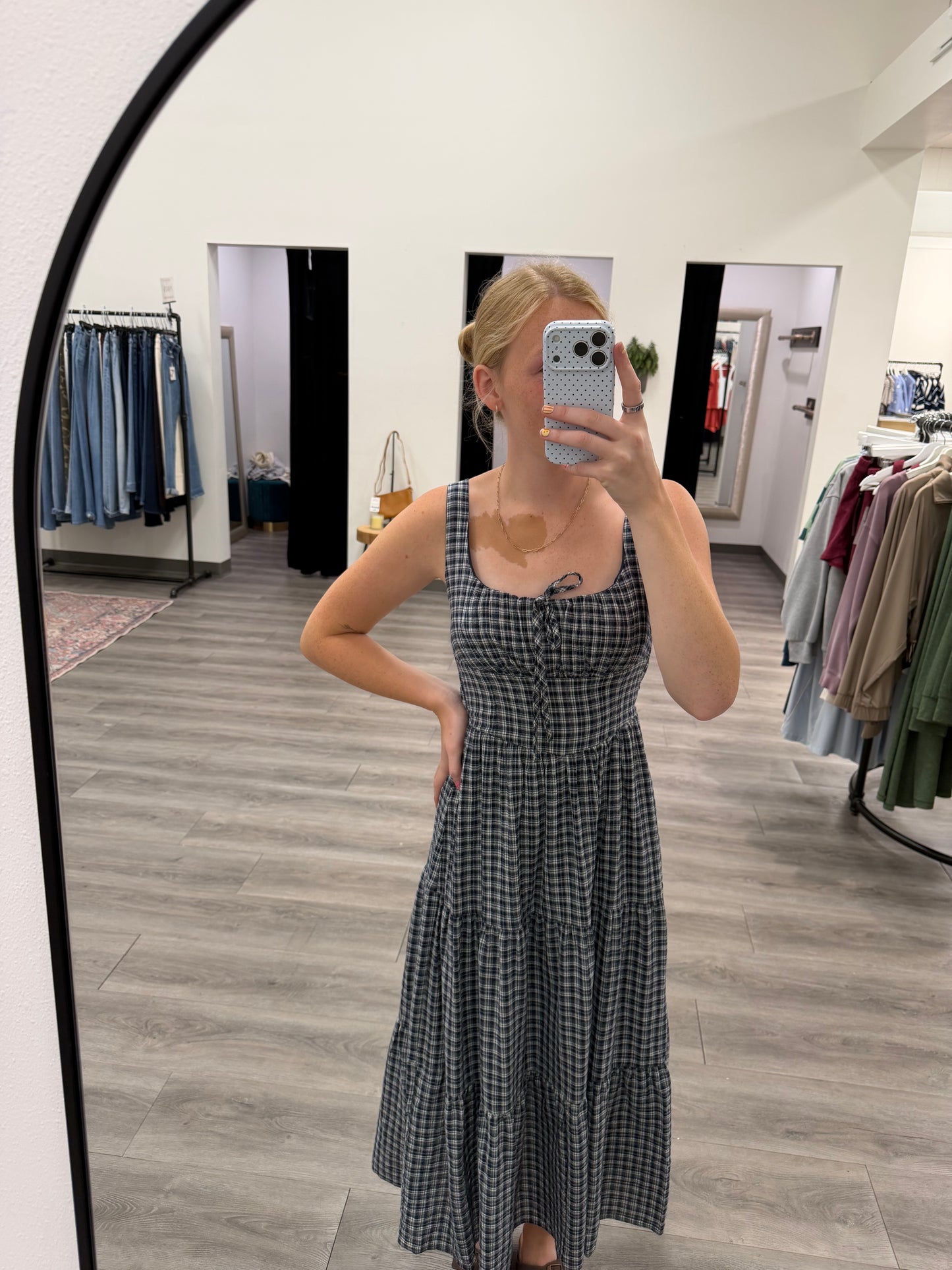 Plaid Front Tie Corset Detail Midi Dress