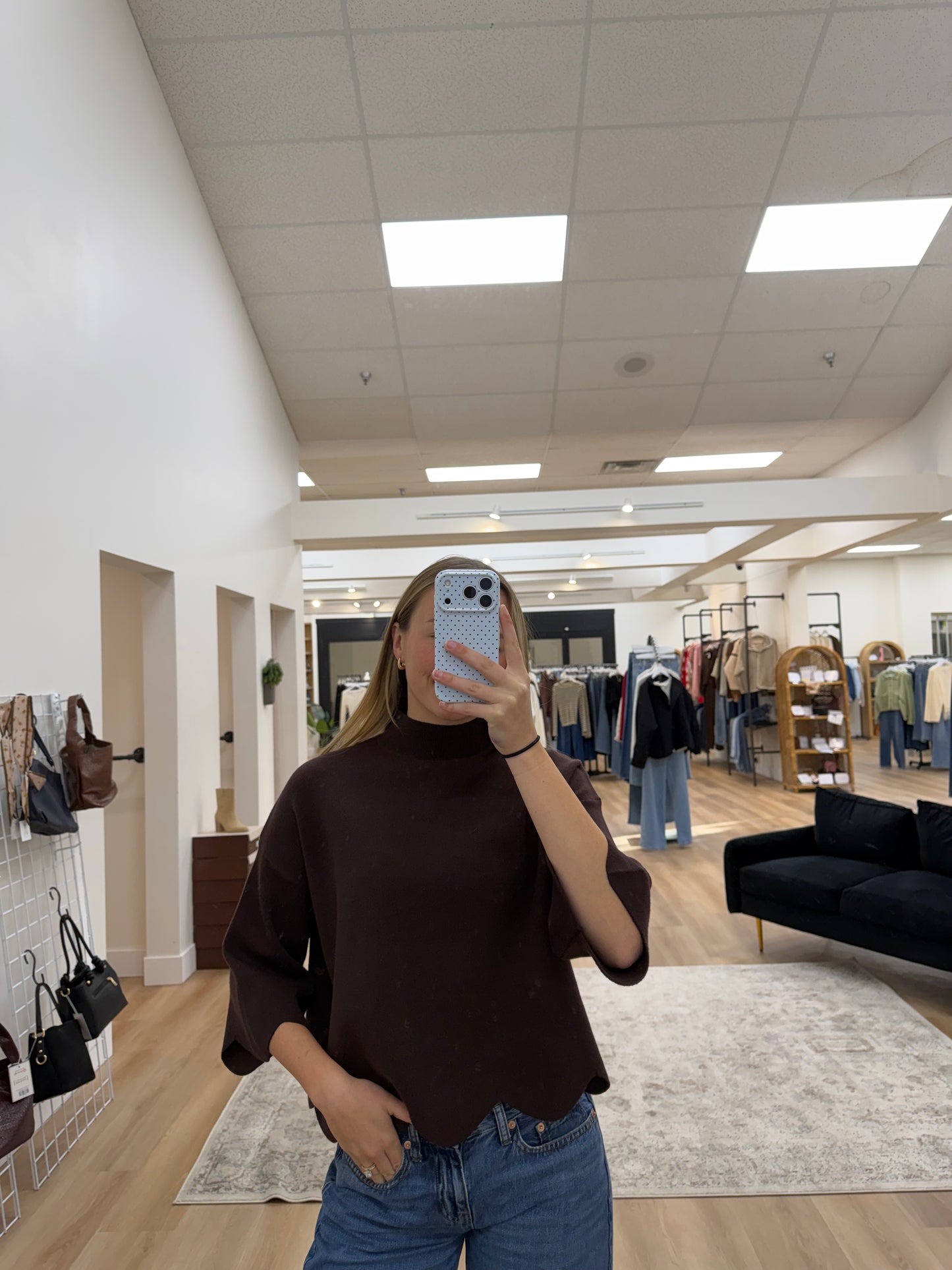scalloped hem mock neck sweater