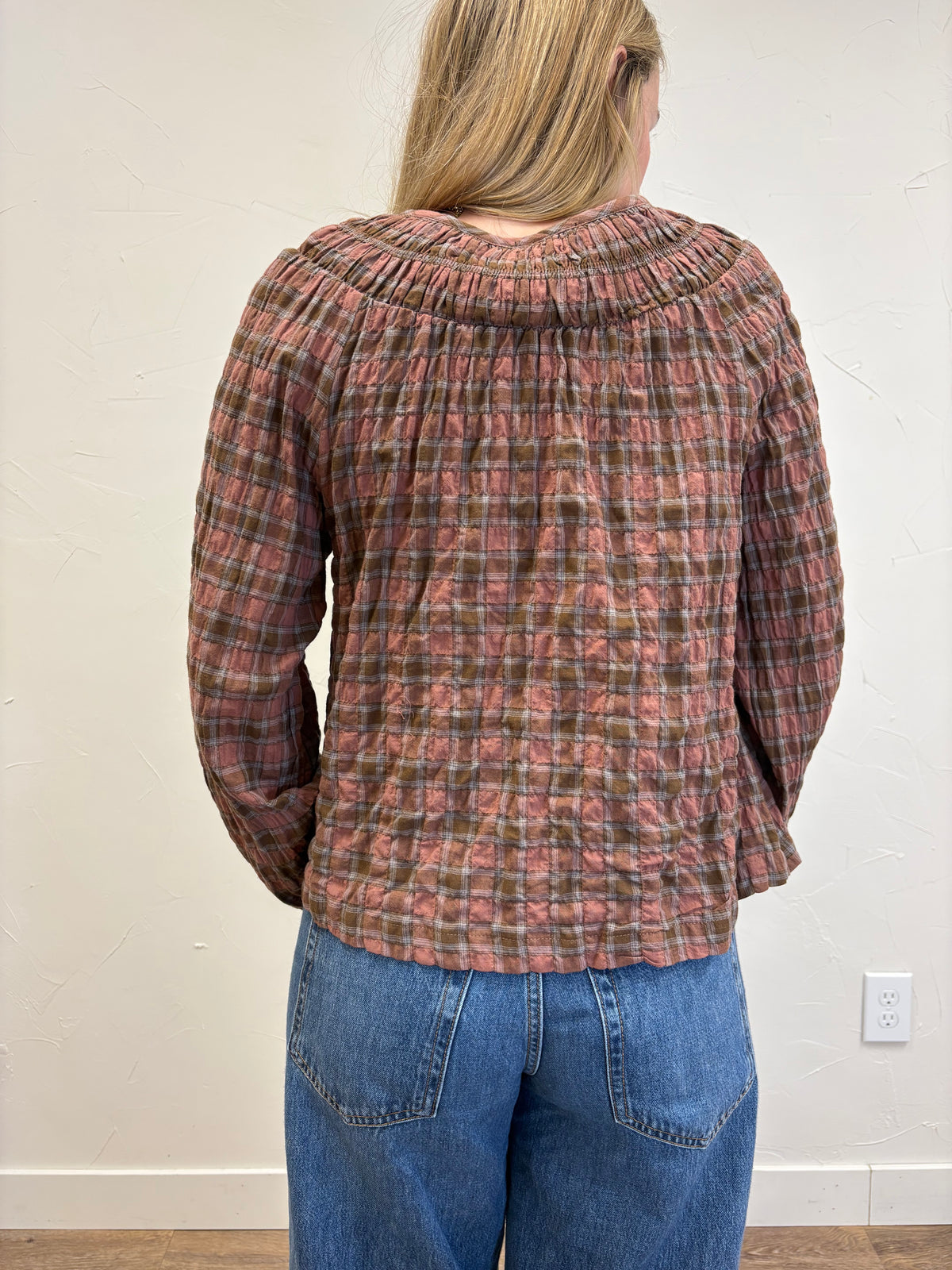 Plaid Shirred Yoke Front Tie Top