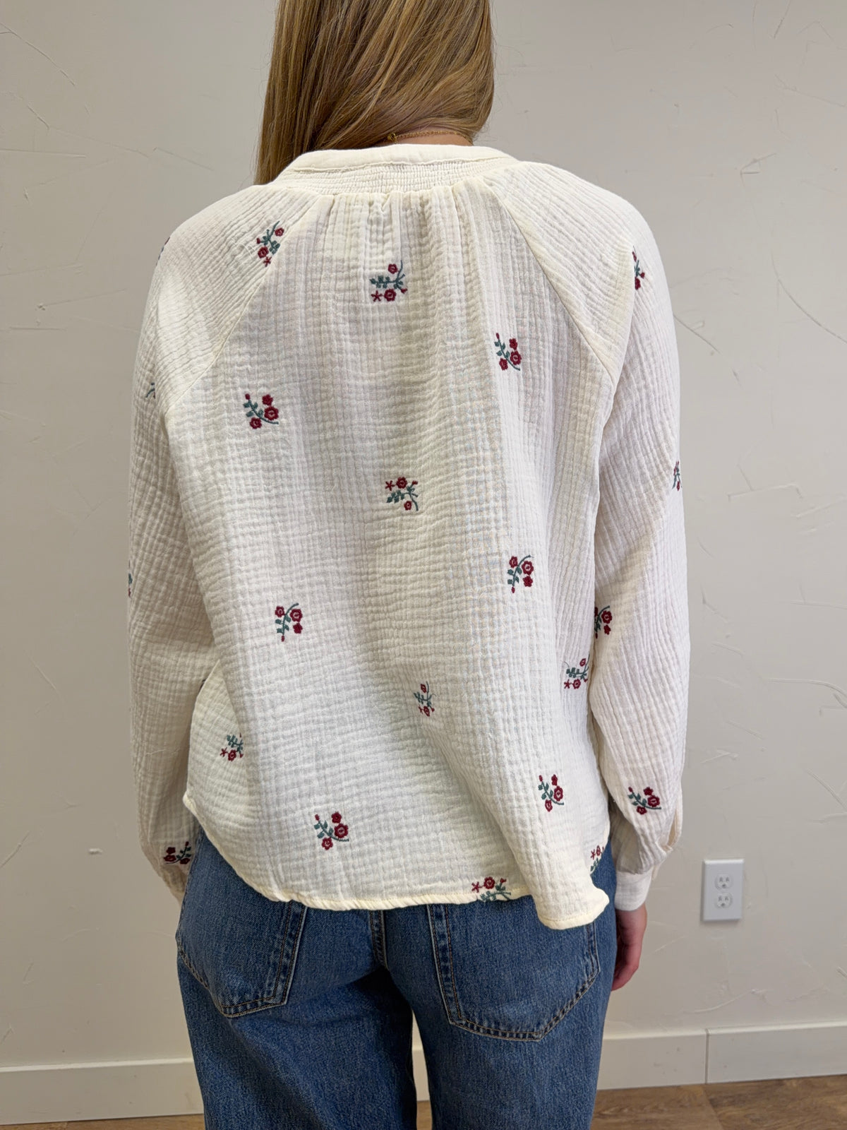 Little Flower Embroidered Smocked Neckline Blouse