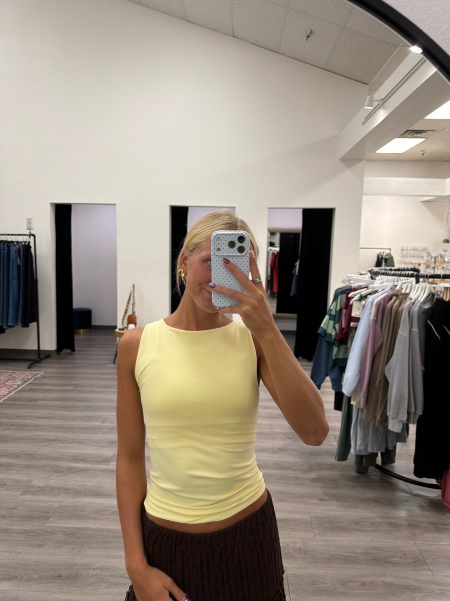 Front view of model wearing Clean Lines Boat Neck Tank Top showing boat neckline — Three:Twelve Boutique